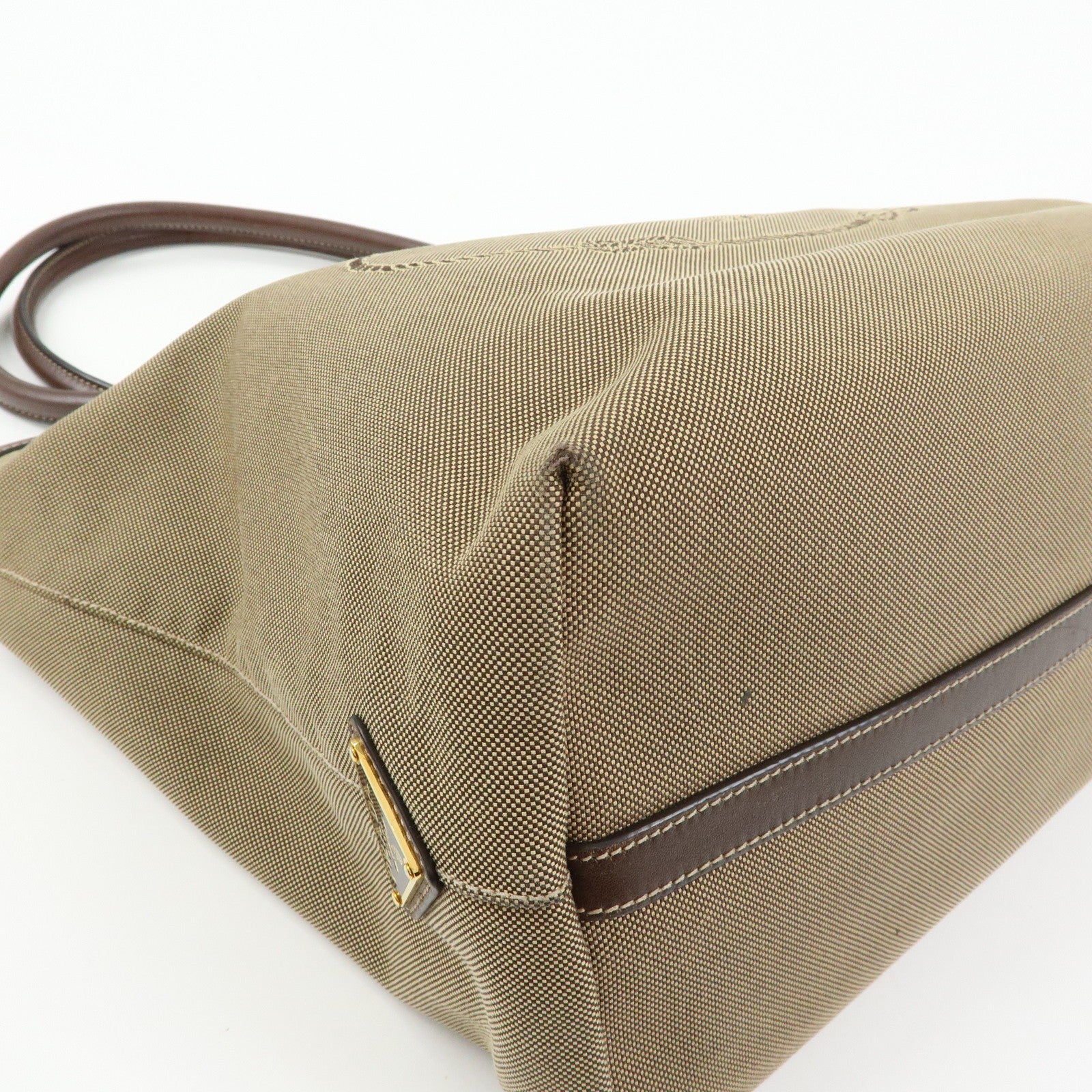 Prada Triangle Logo Jacquard Tote Shoulder Bag - Beige, Leather