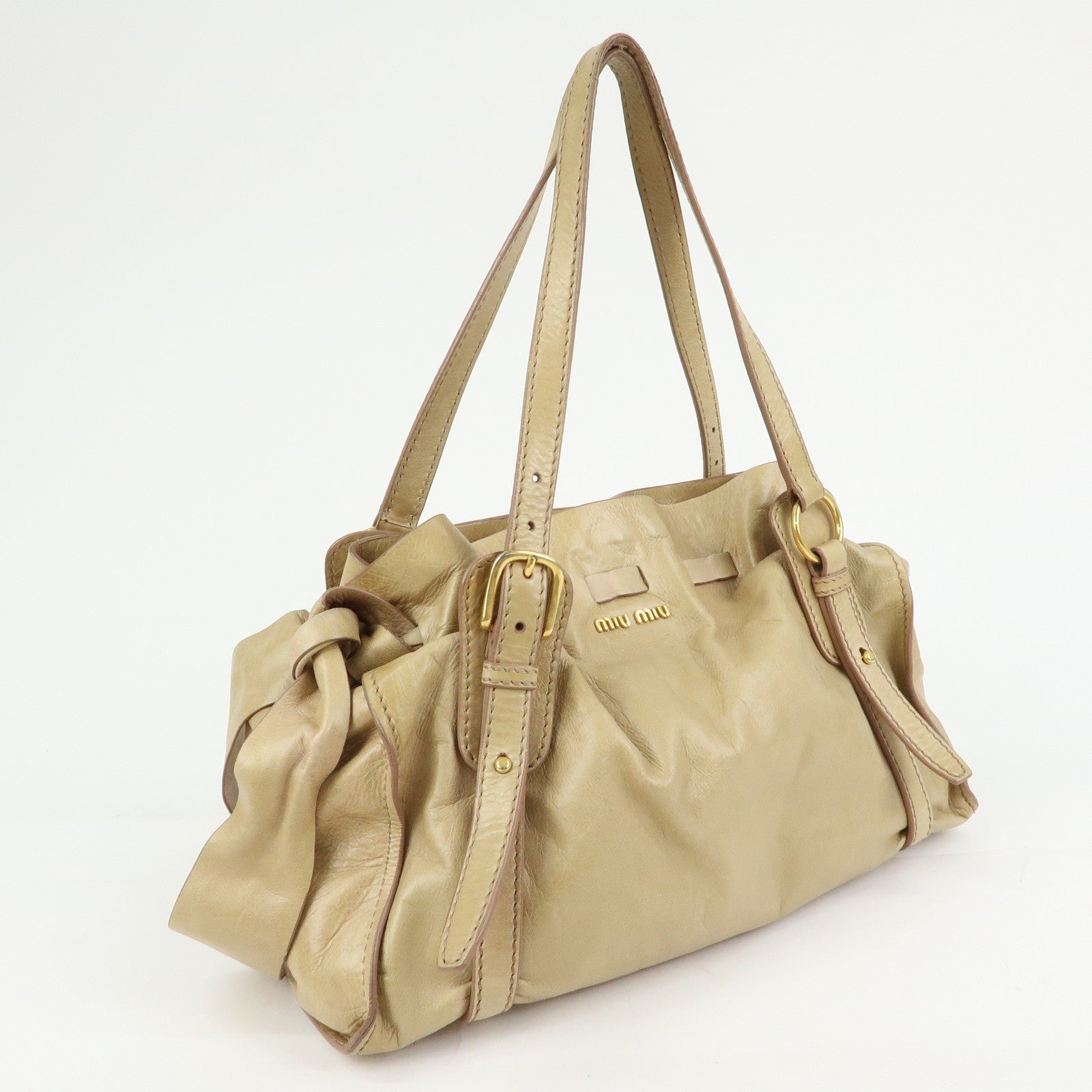 Miu Miu Logo Side Ribbon Shoulder Bag - Beige, Leather