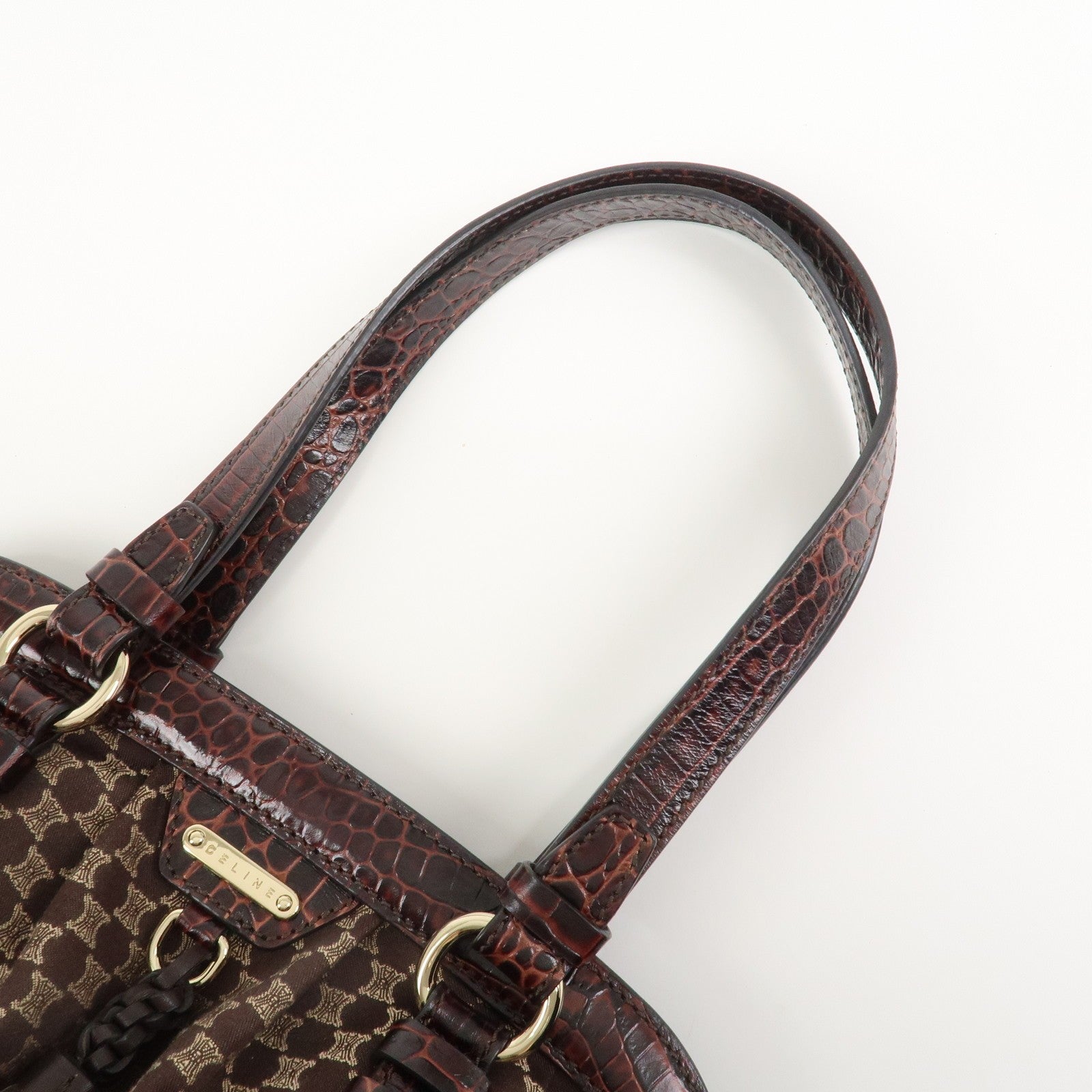 Celine Macadam Canvas Emboss Leather Shoulder Bag - Dark Brown, Canvas Leather
