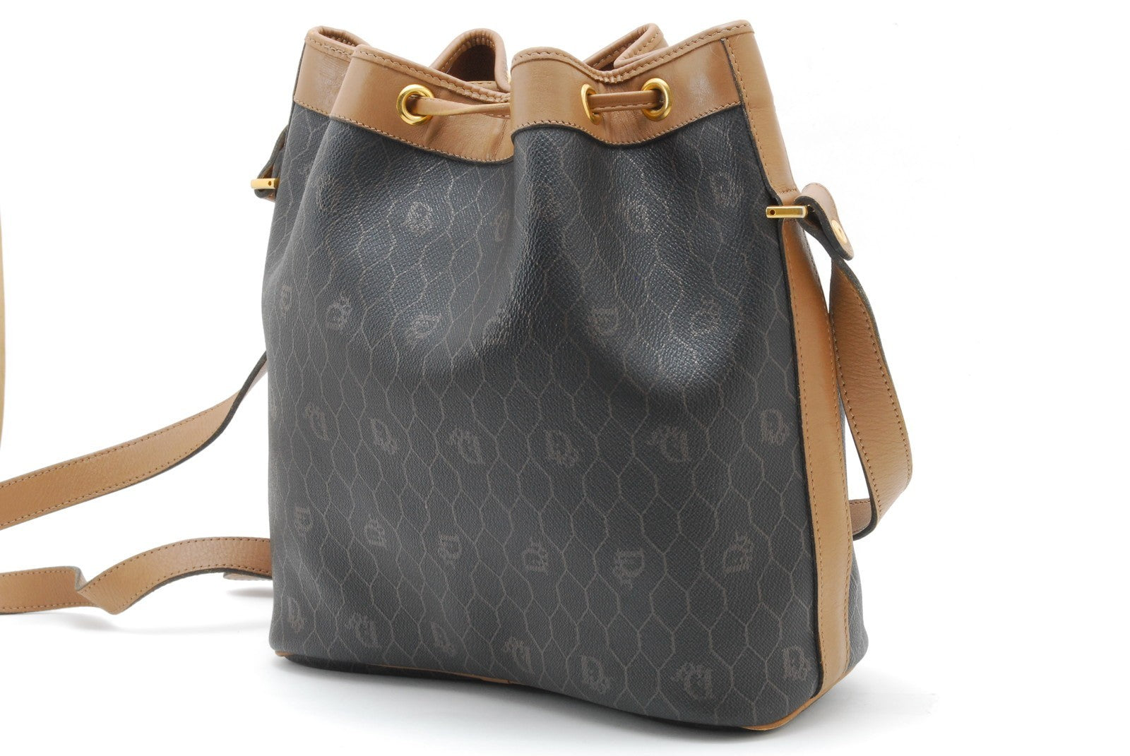 Dior Honeycomb Drawstring Shoulder Bag - Black Brown, Canvas Leather