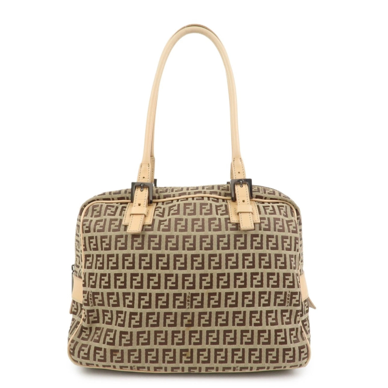 FENDI Zucchino Canvas Leather Shoulder Bag Beige