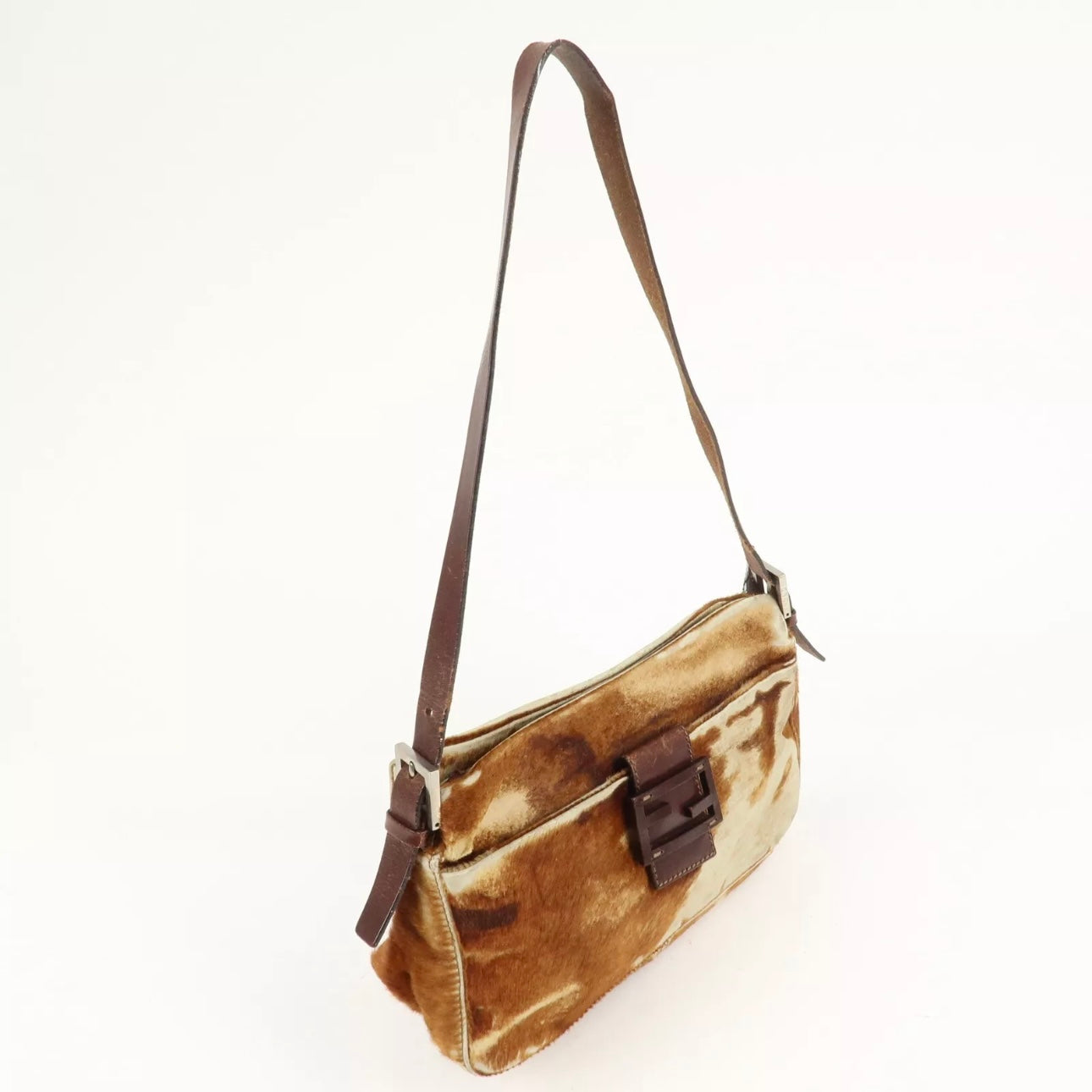 FENDI Calf Leather Shoulder Bag Brown Beige