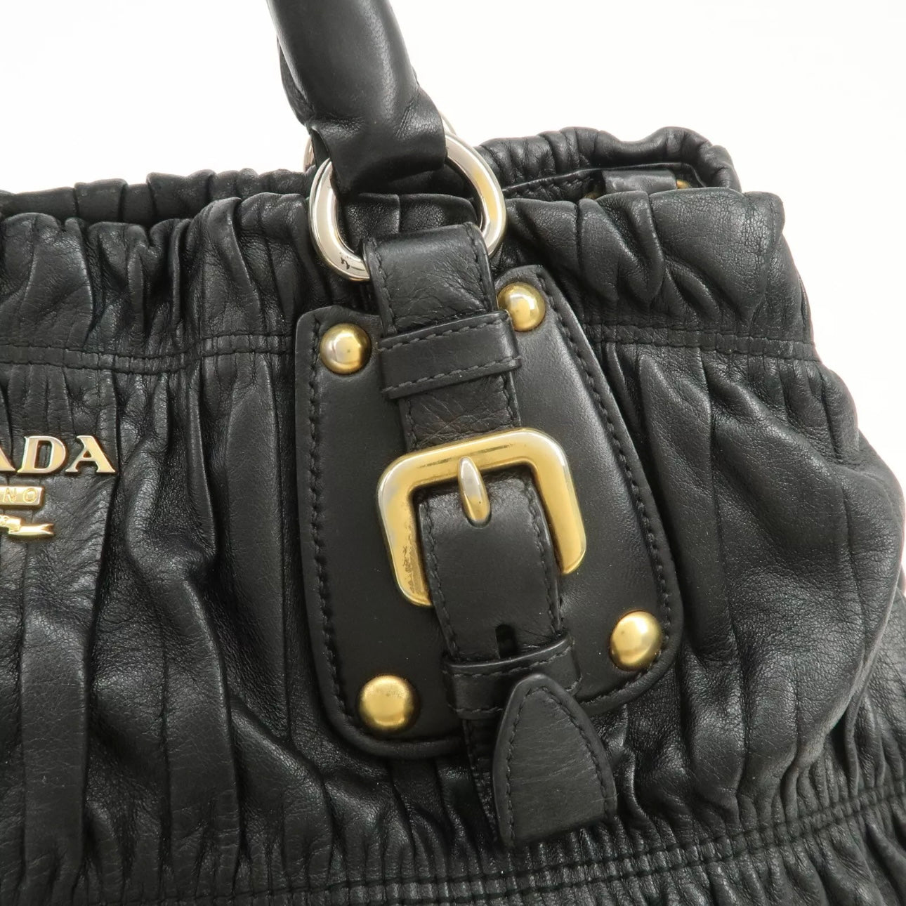 PRADA Leather Gathered 2Way Shoulder Bag Black