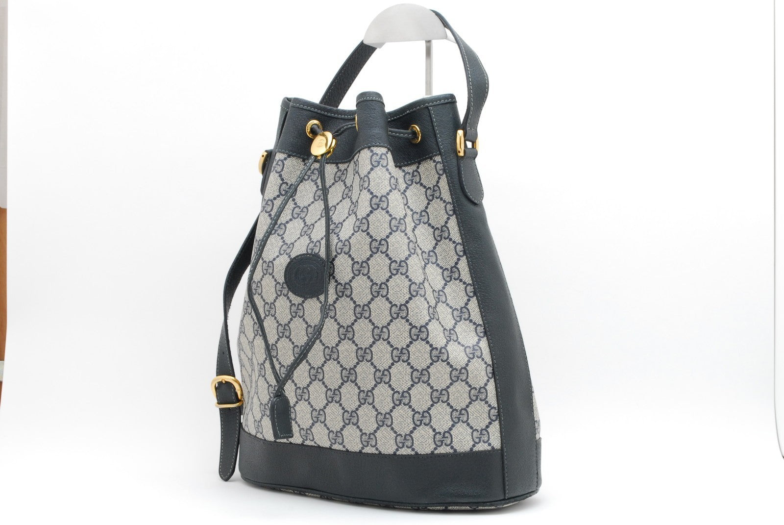 Gucci GG Supreme Drawstring Bucket Shoulder Bag - Navy Blue, Canvas and Leather