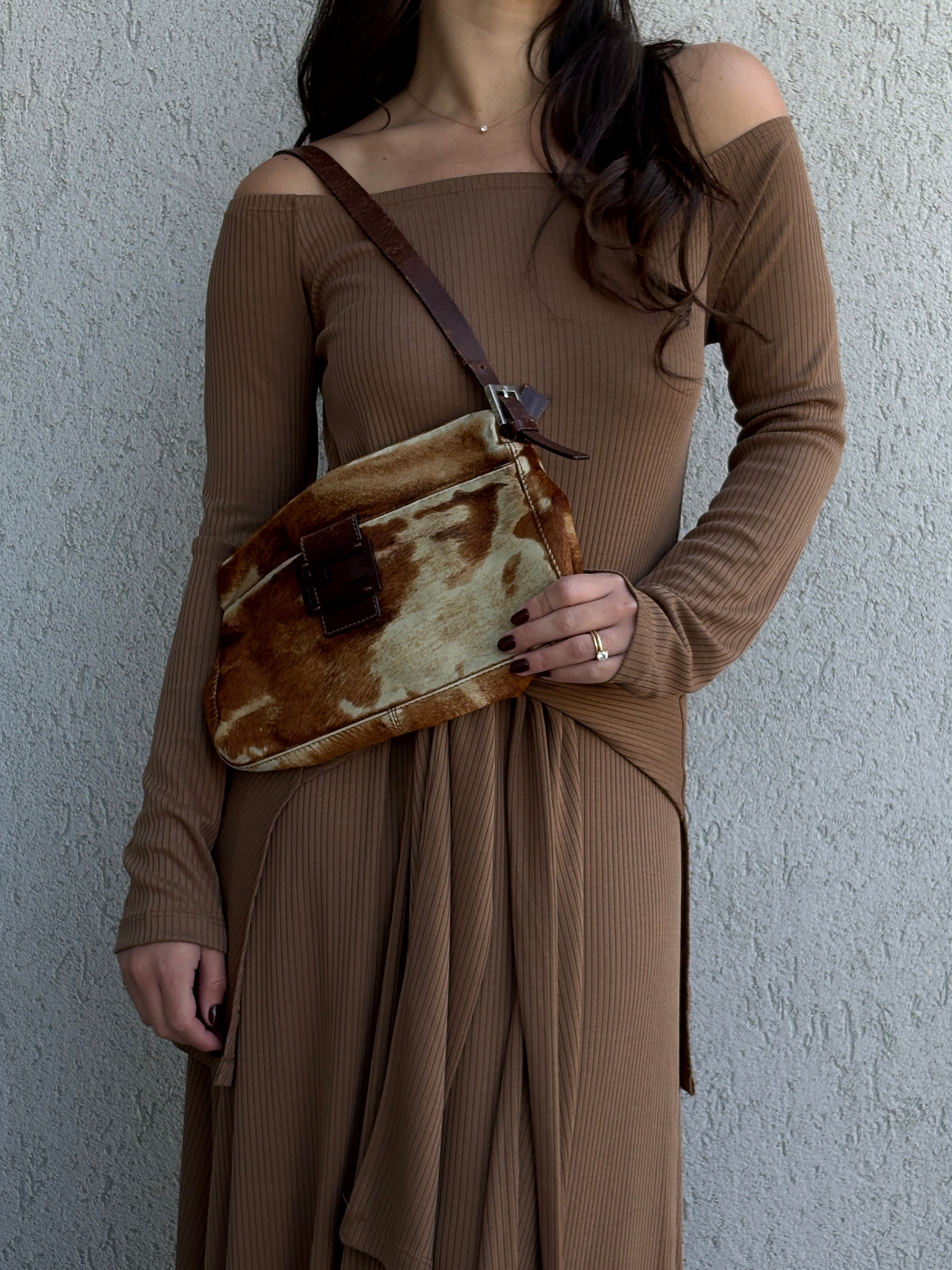 FENDI Calf Leather Shoulder Bag Brown Beige