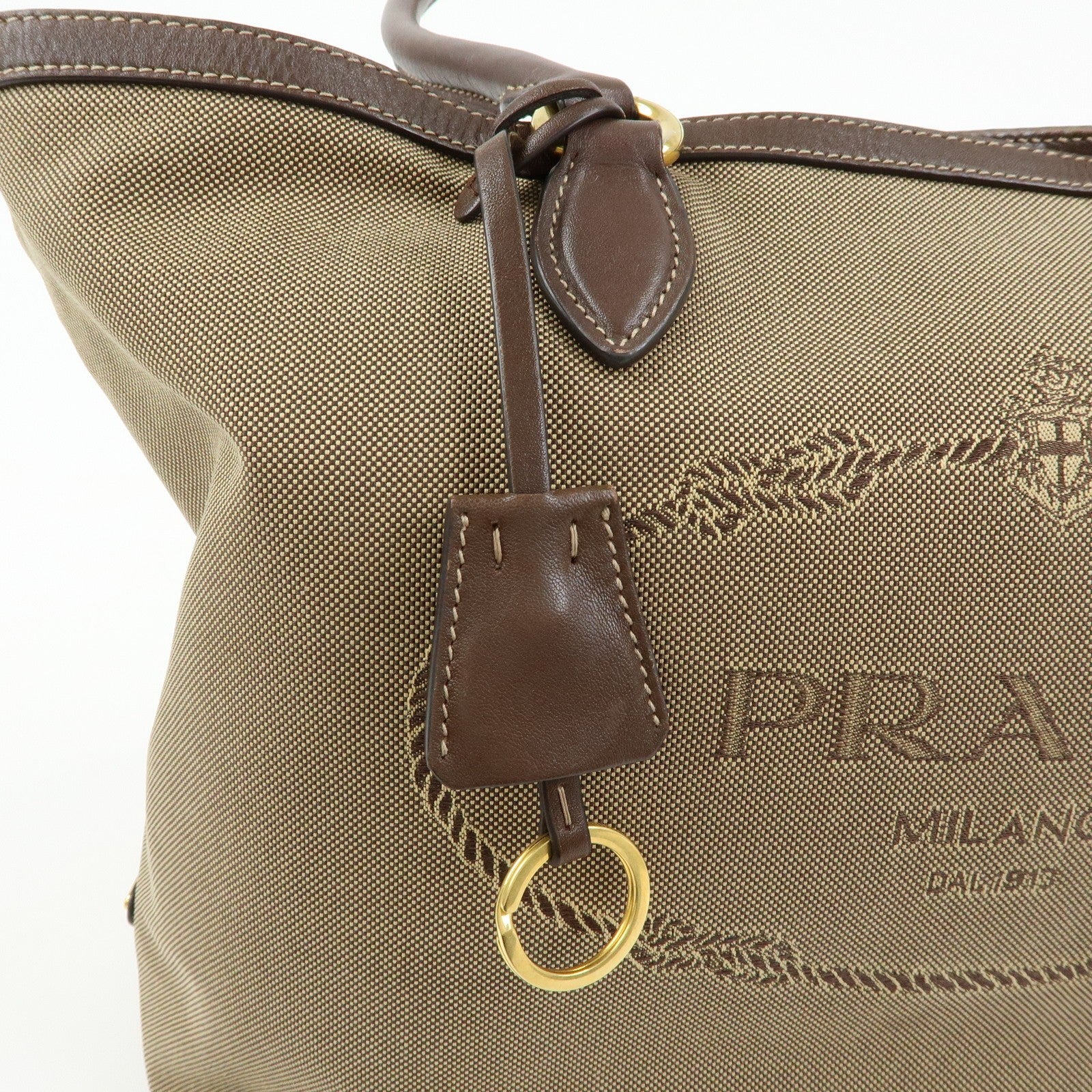 Prada Triangle Logo Jacquard Tote Shoulder Bag - Beige, Leather