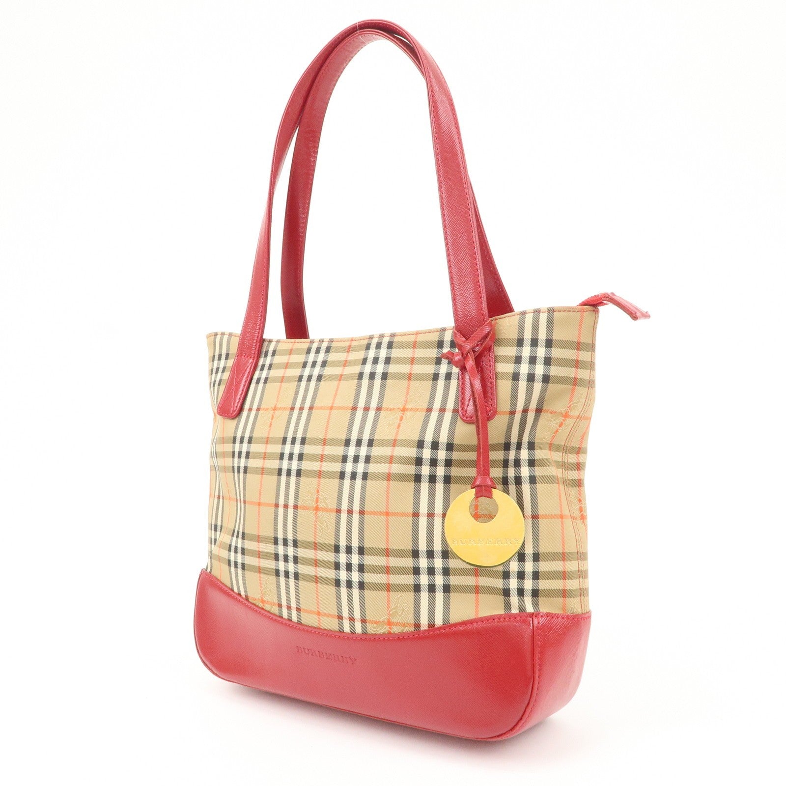 Burberry Nova Plaid Tote Bag - Red Beige, Leather Canvas