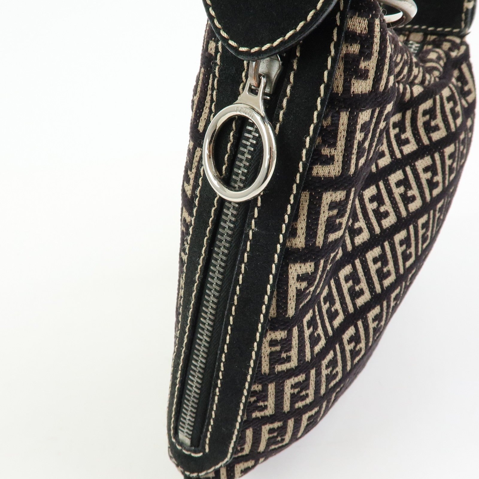 Fendi Shoulder Bag - Black and Beige, Jacquard Canvas and Suede