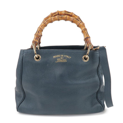 GUCCI Bamboo Calf Leather 2 Way Bag Tote Bag Navy