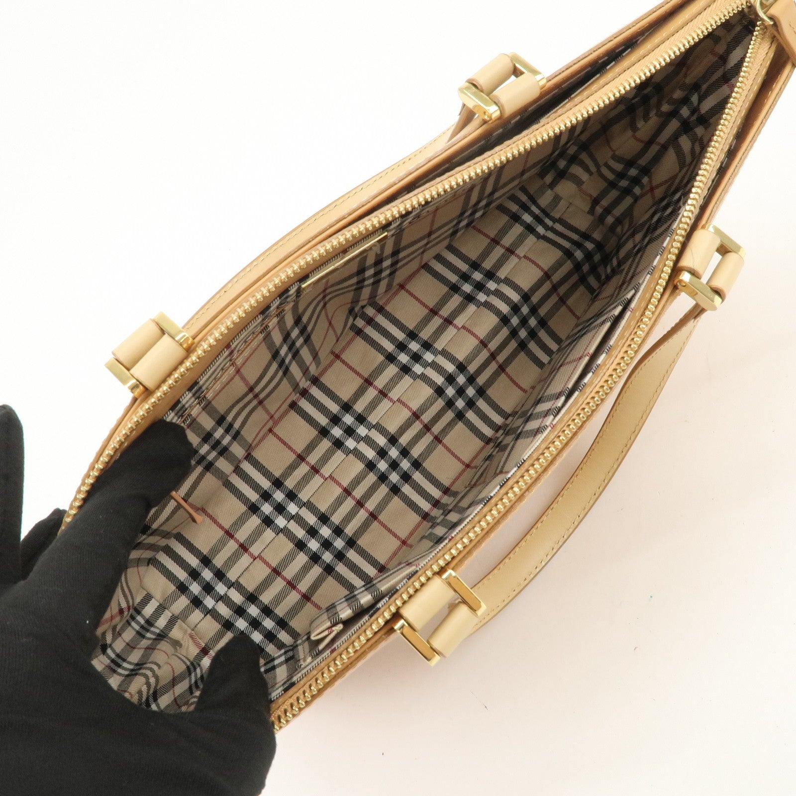 Burberry Nova Plaid Logo Hand Bag - Light Brown, Leather