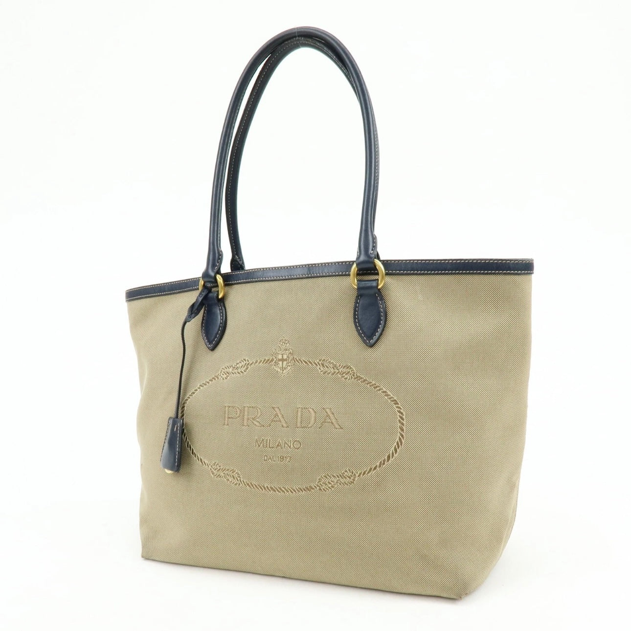PRADA Logo Jacguard Leather Tote Bag Beige Navy
