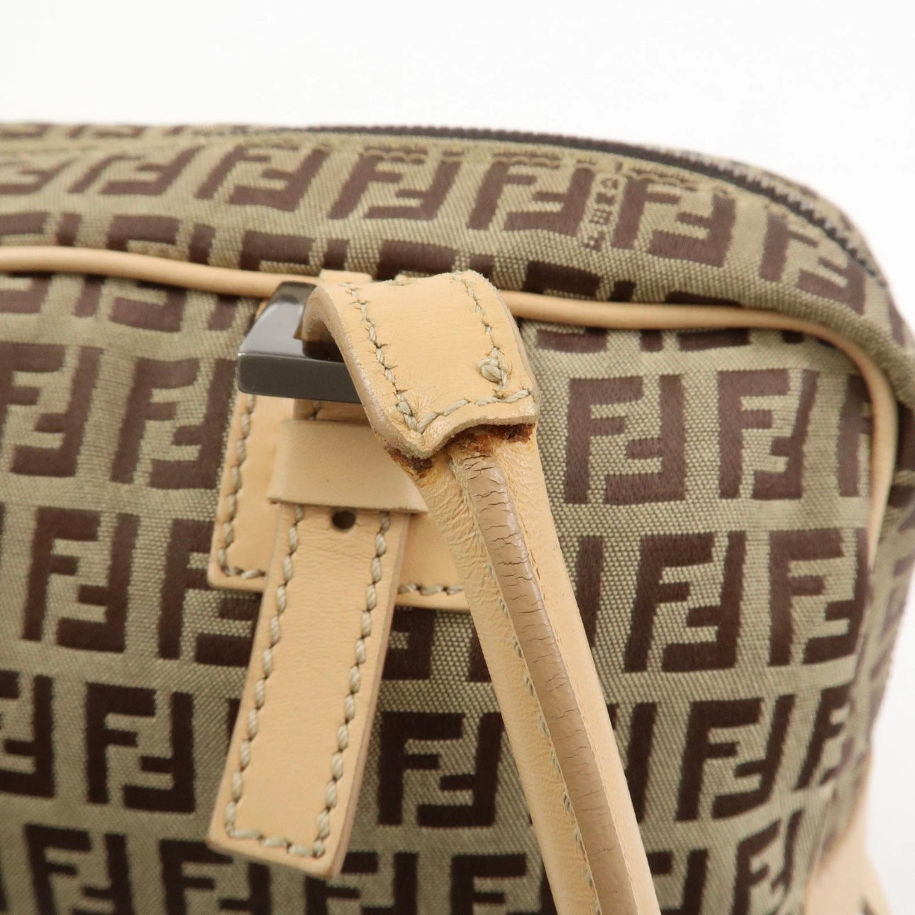 FENDI Zucchino Canvas Leather Shoulder Bag Beige