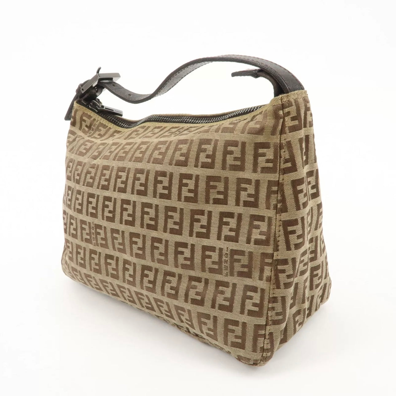 Fendi Zucchino Canvas Leather Hand Bag Beige Brown