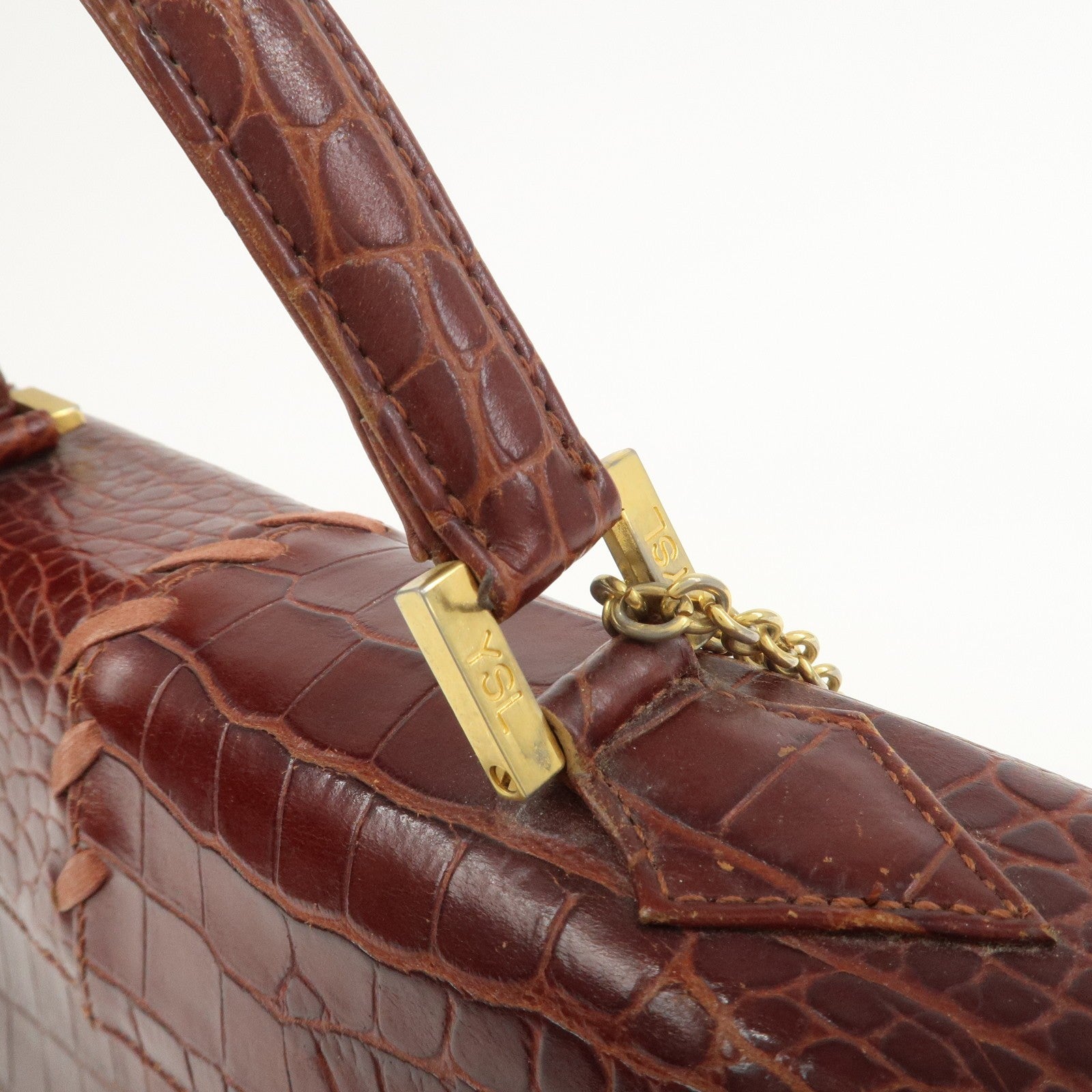 Saint Laurent Paris Embossed Leather Hand Bag - Red Brown, Leather