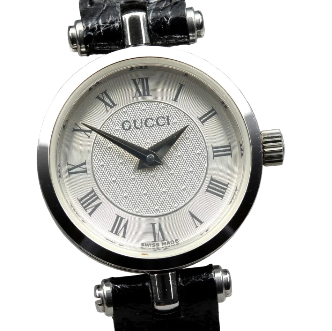 Gucci 2040L Watch - Black and Silver, Stainless Steel and Leather