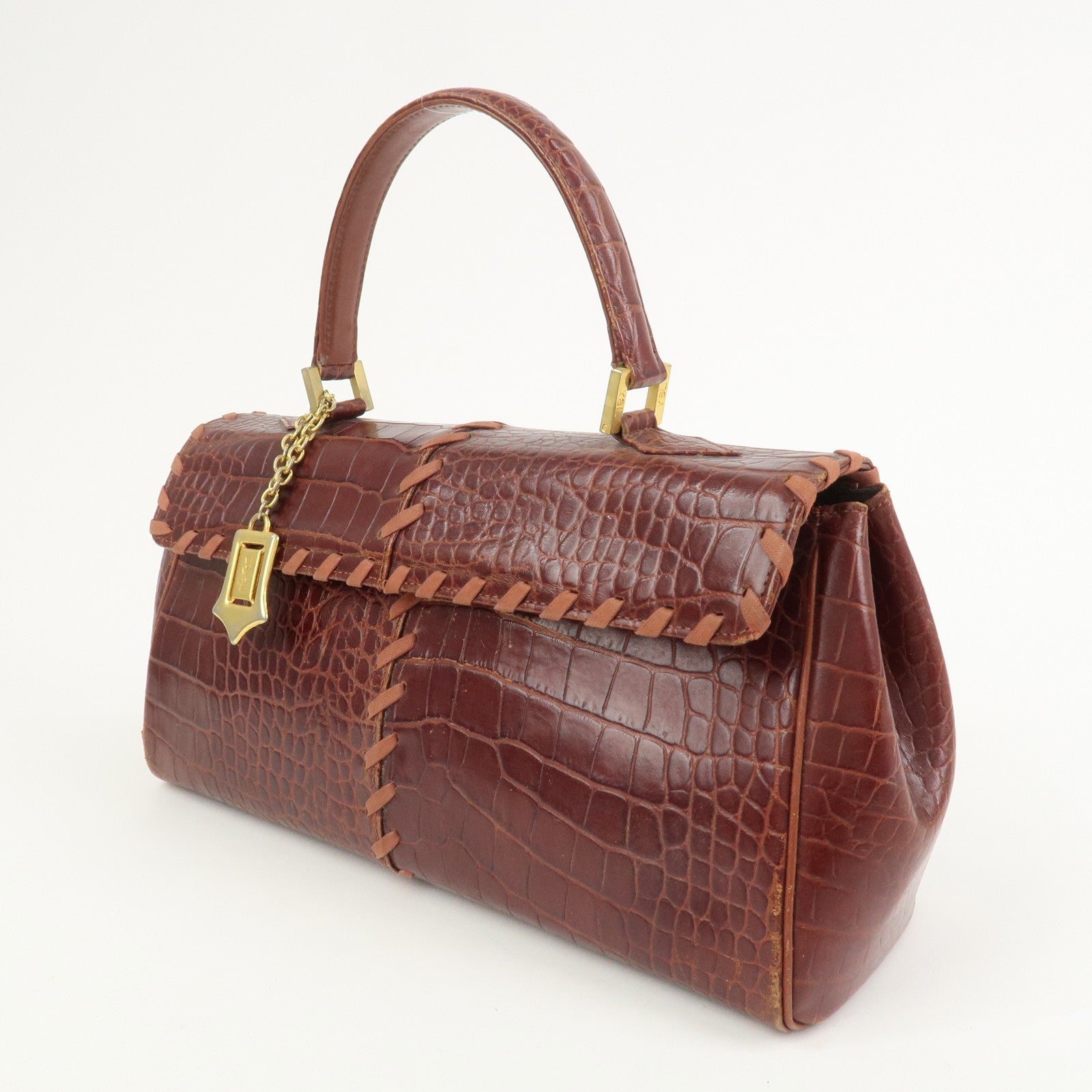 Saint Laurent Paris Embossed Leather Hand Bag - Red Brown, Leather