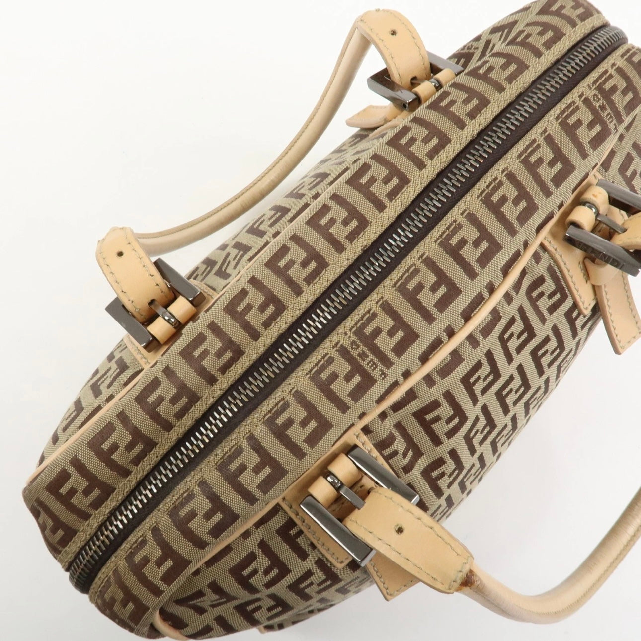 FENDI Zucchino Canvas Leather Shoulder Bag Beige