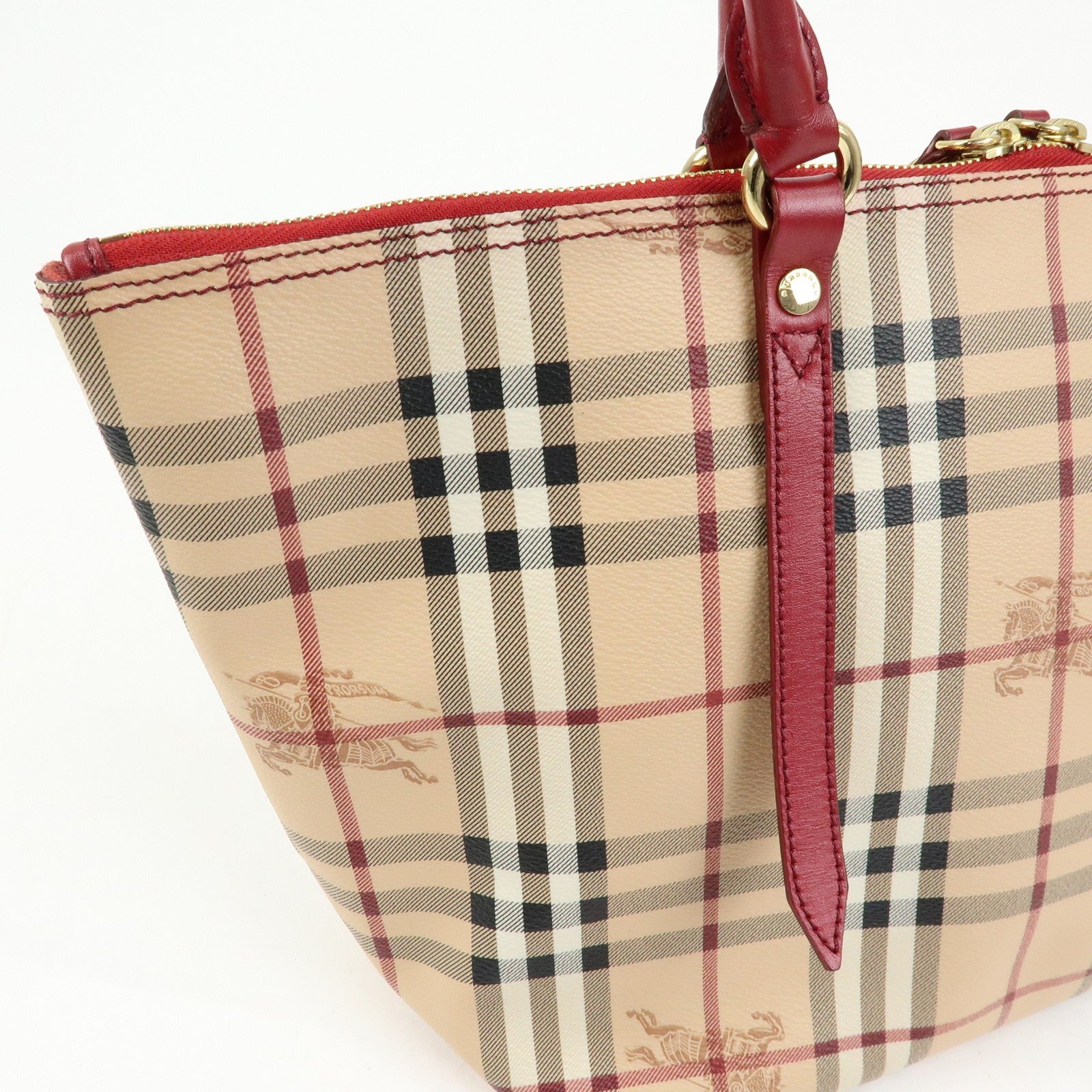 Burberry Nova Plaid Tote Bag - Beige, Red, PVC Leather