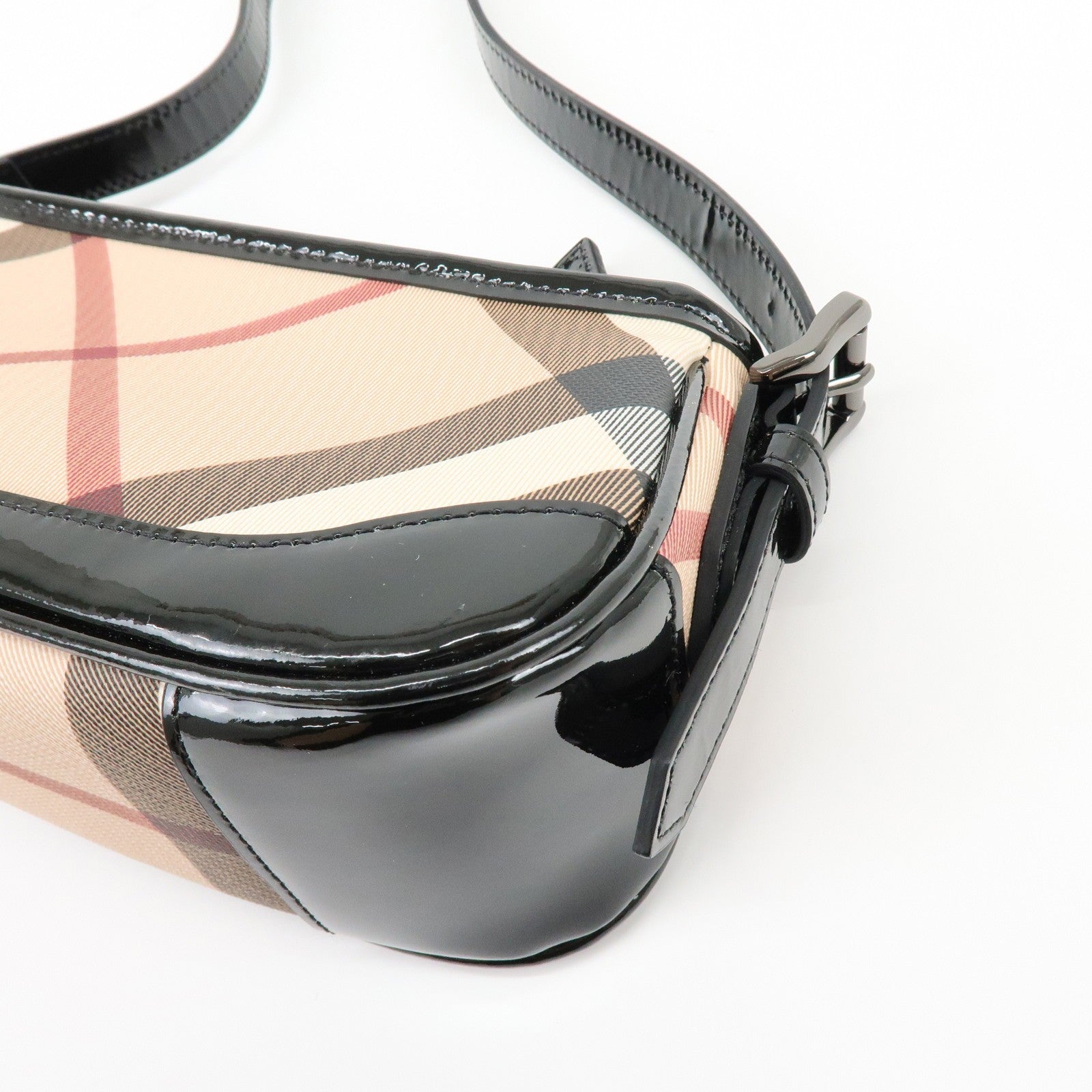 Burberry Nova Plaid Hand Bag - Beige, Black, PVC, Patent Leather