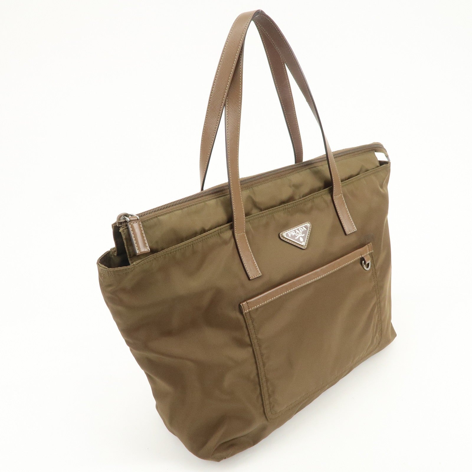Prada Triangle Logo Tote Bag - Brown, Nylon and Saffiano Leather
