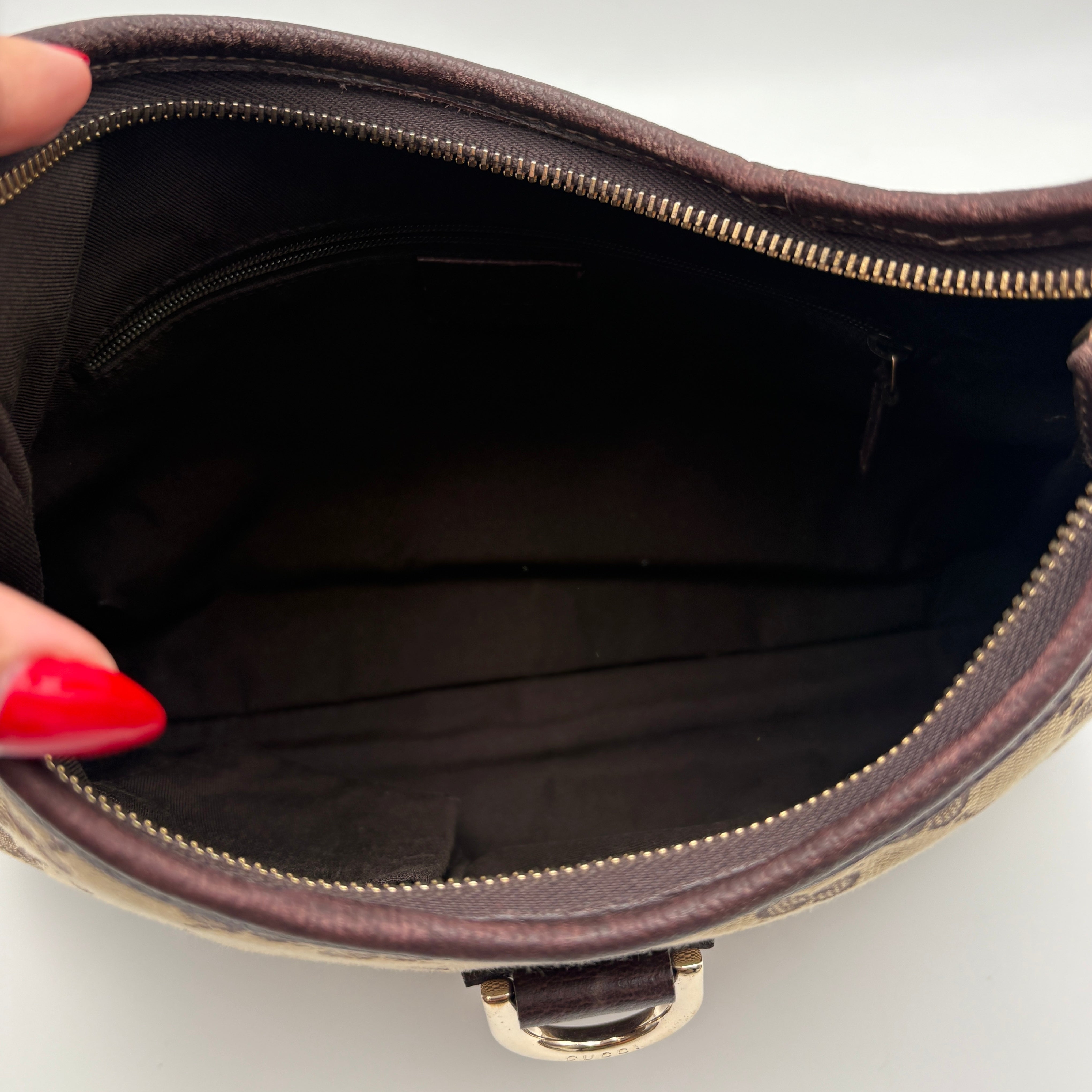 GUCCI ABBEY GG CANVAS LEATHER SHOULDER BAG