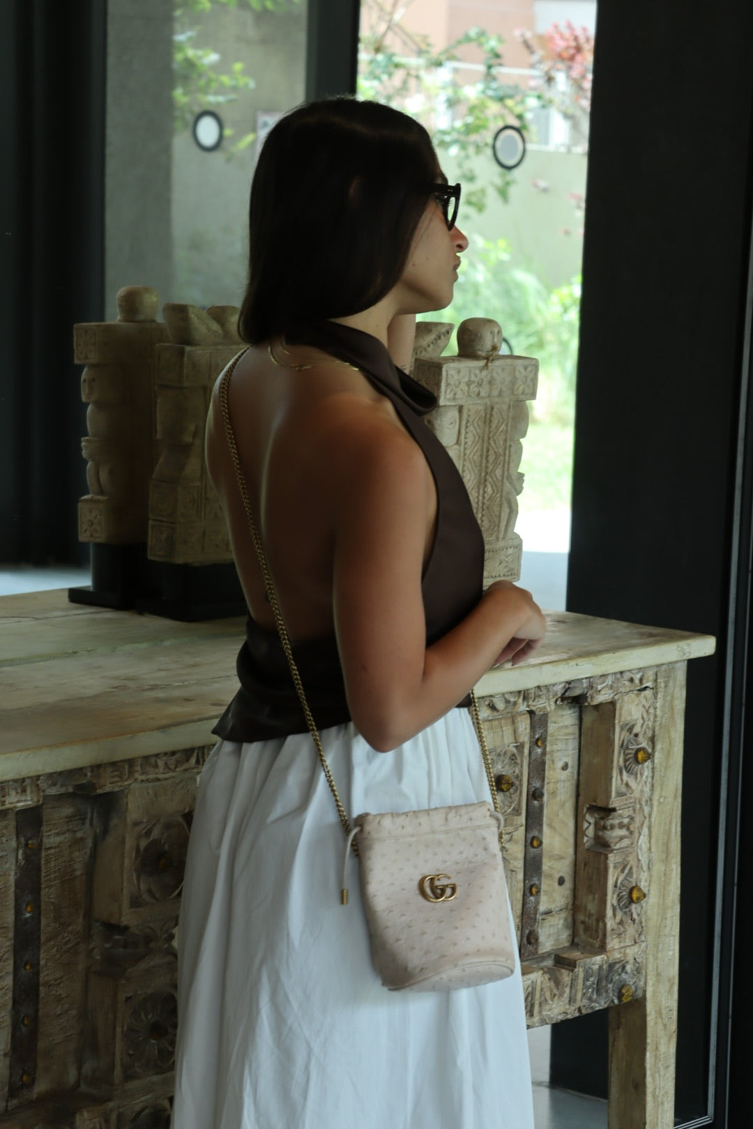 Gucci GG Marmont Mini Bucket Chain Bag - Ivory, Ostrich Leather