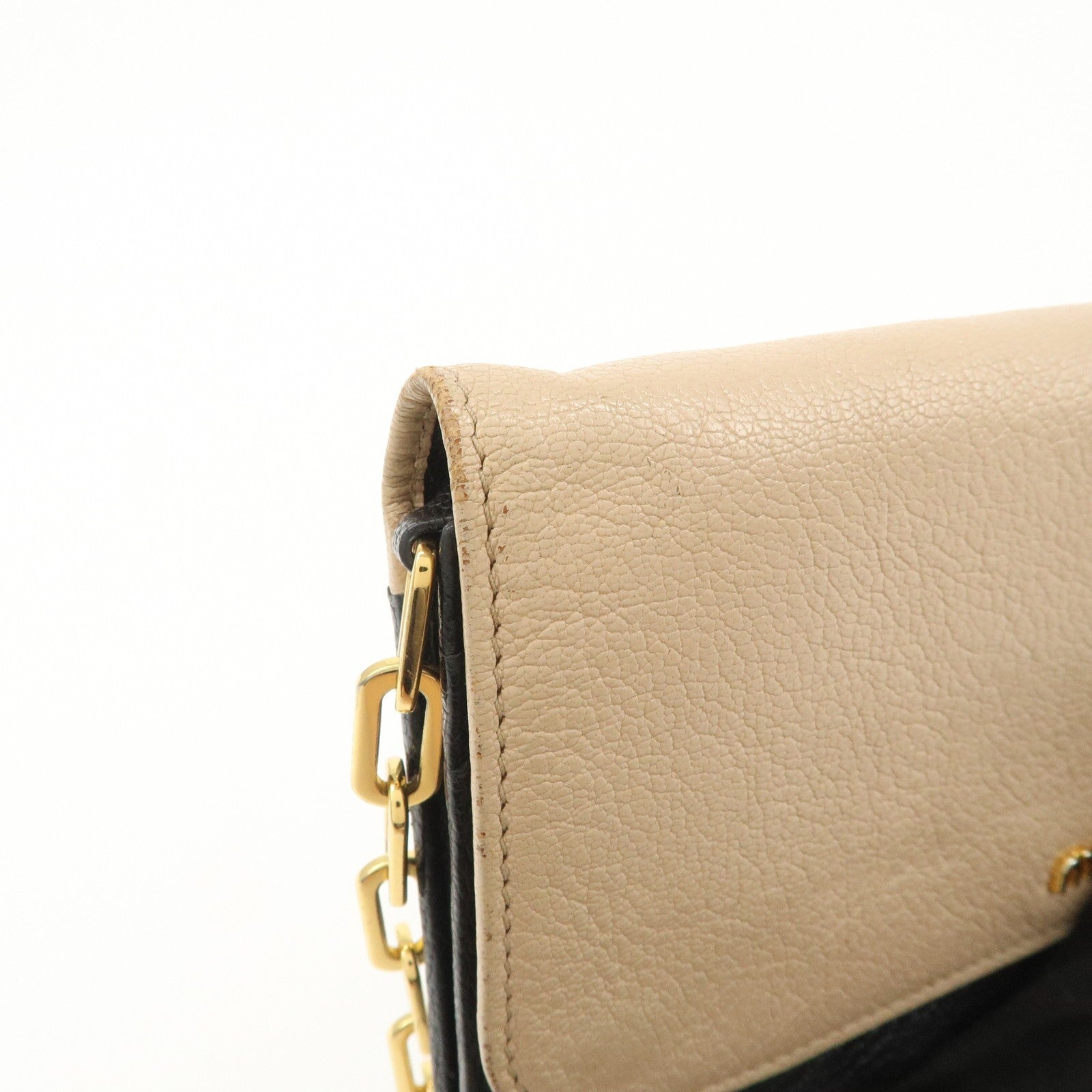 Miu Miu Madras Leather Chain Shoulder Wallet - Beige Black, Leather