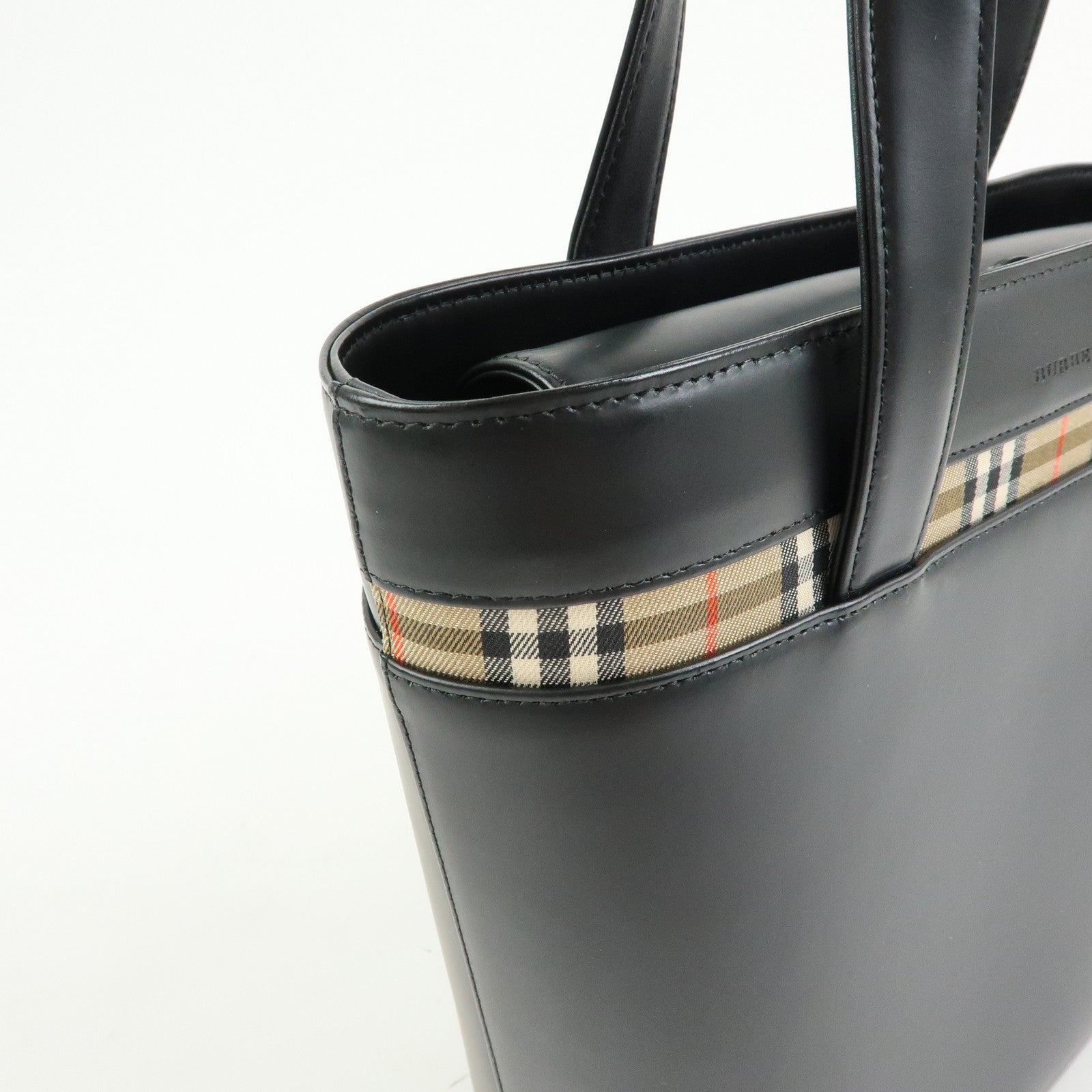 Burberry Nova Plaid Tote Bag - Black, Leather and Canvas