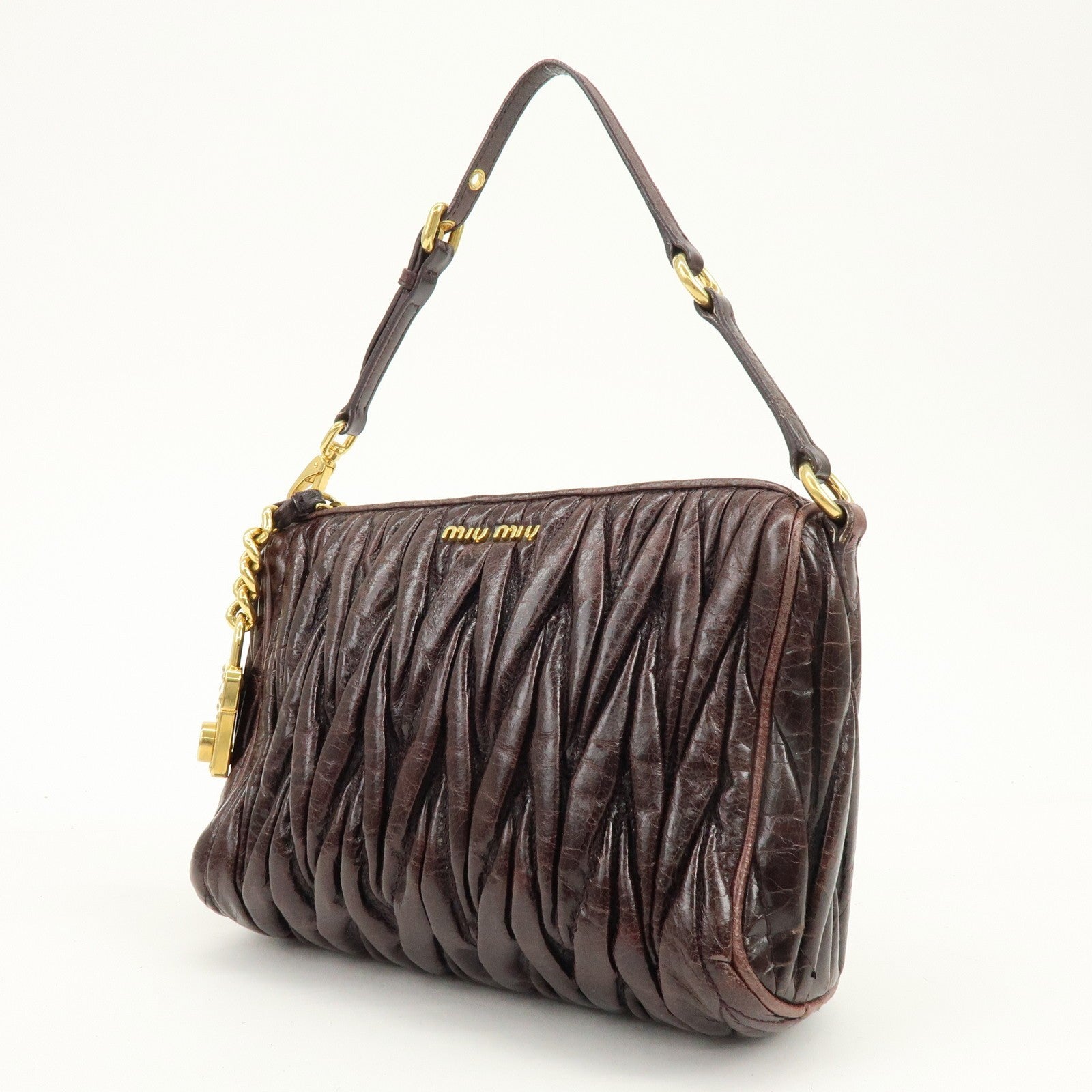 Miu Miu Matelasse Gathered Hand Bag - Brown, Leather