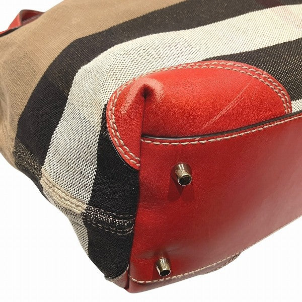Burberry Tote Bag Shoulder Bag - Brown x Red, Canvas x Leather