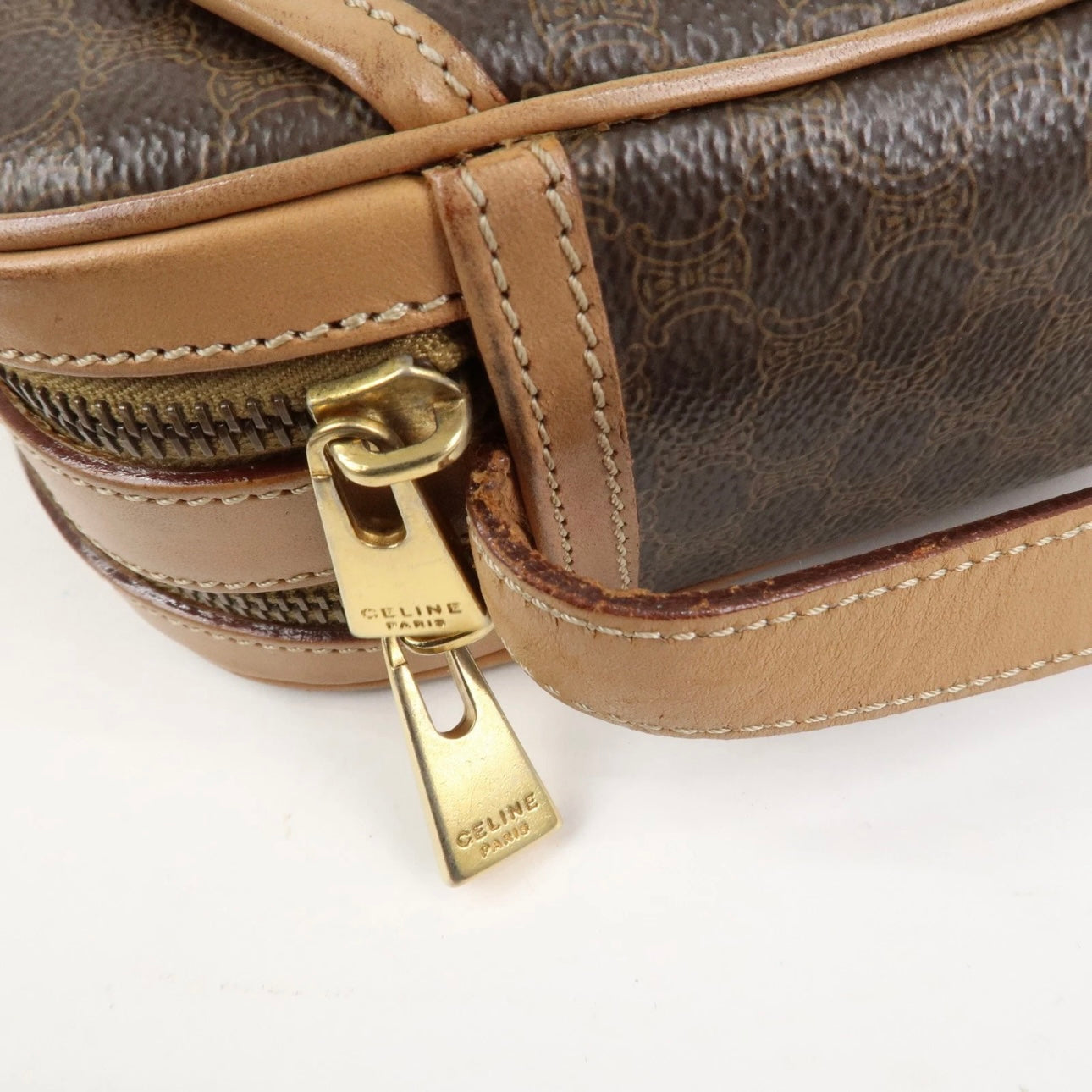 CELINE Macadam Leather Shoulder Bag Beige Brown Gold