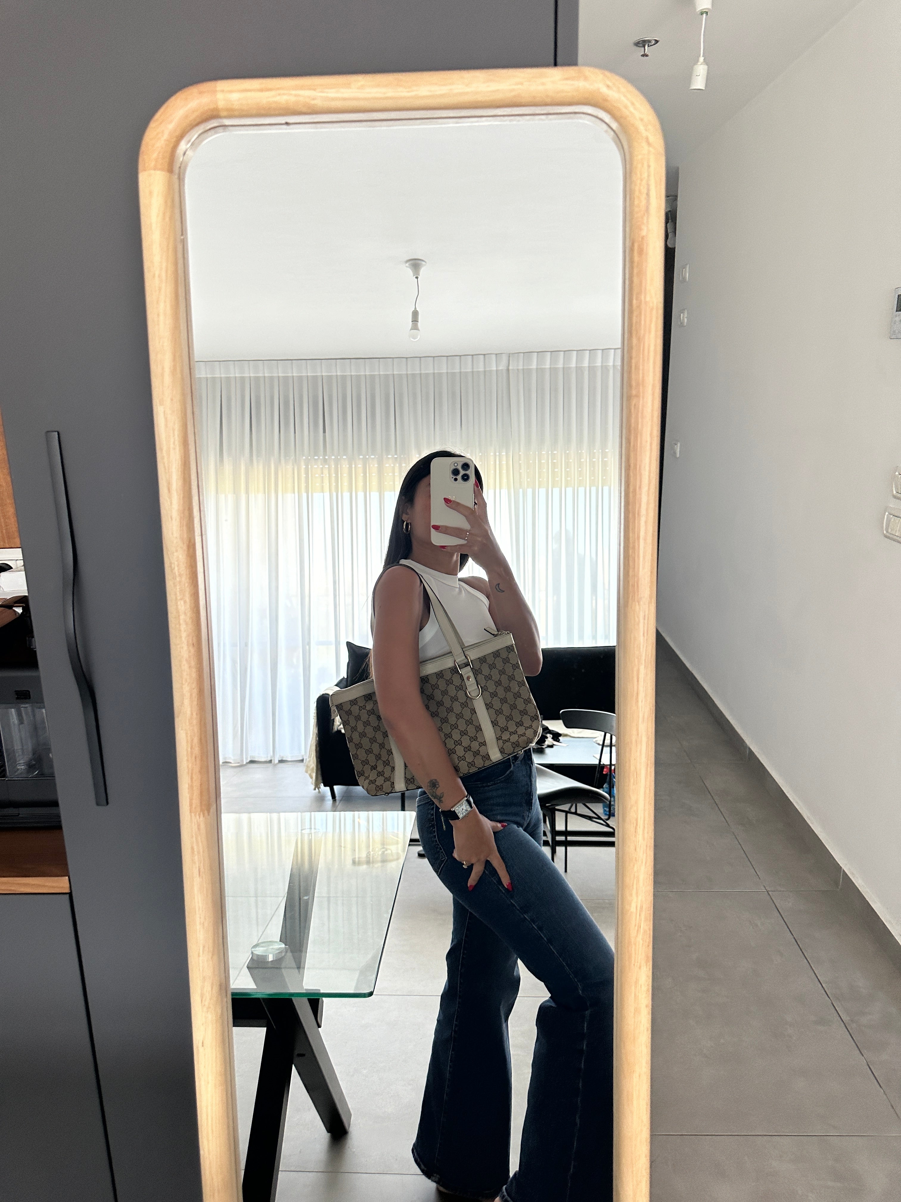 Gucci Abbey GG Canvas Leather Tote Bag Beige Ivory