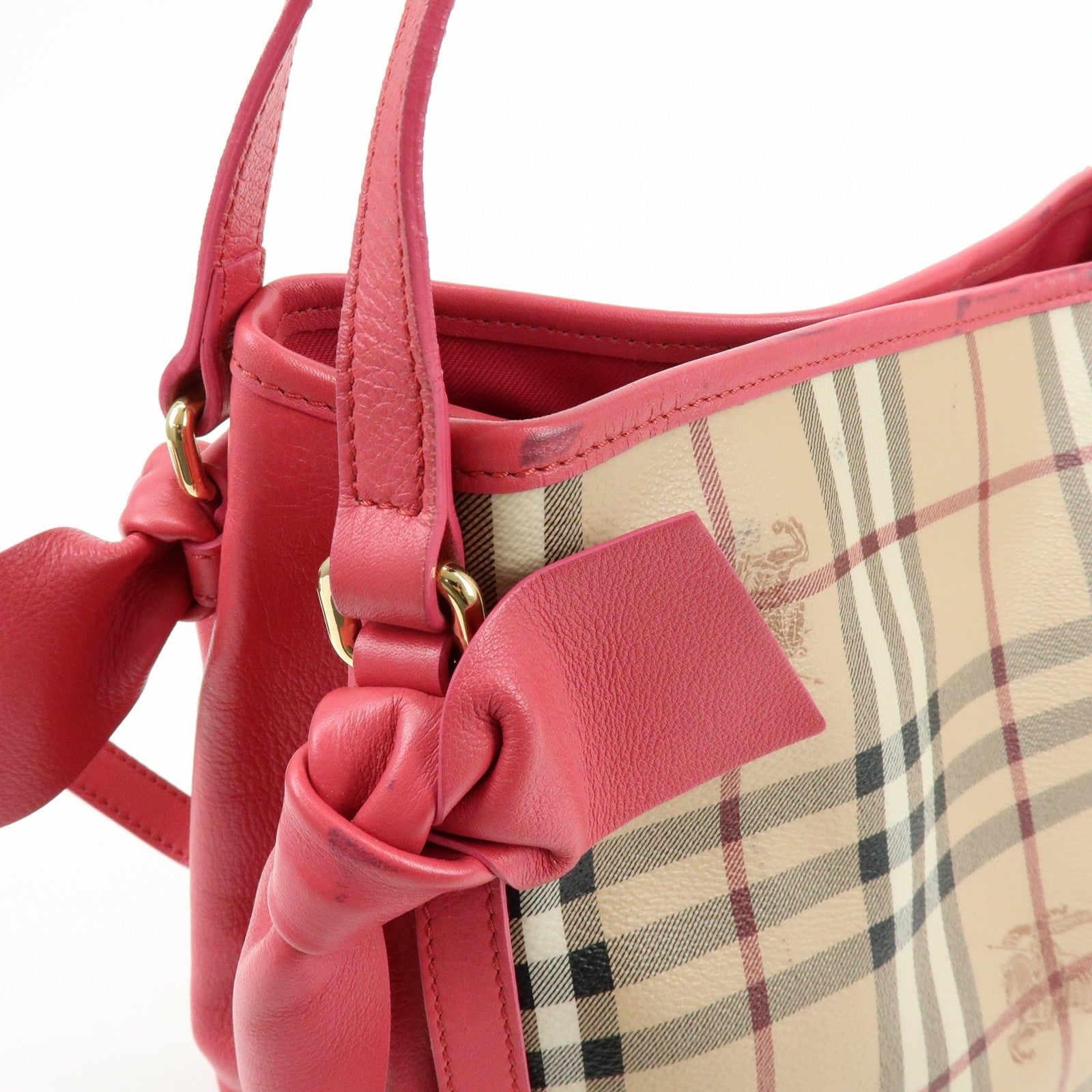 Burberry Side Ribbon Hand Bag - Nova Plaid Brown Pink, PVC Coating Canvas, Leather