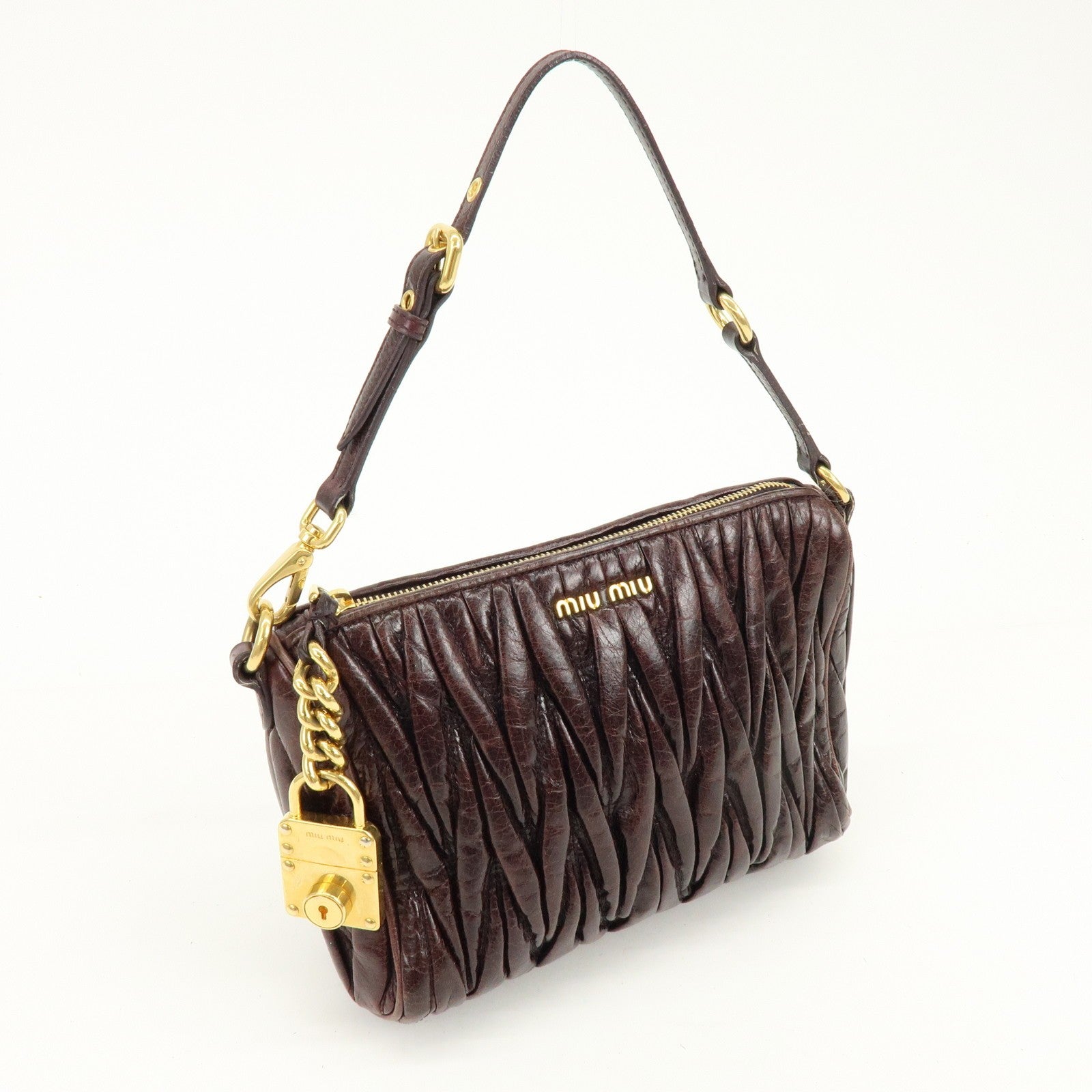 Miu Miu Matelasse Gathered Hand Bag - Brown, Leather
