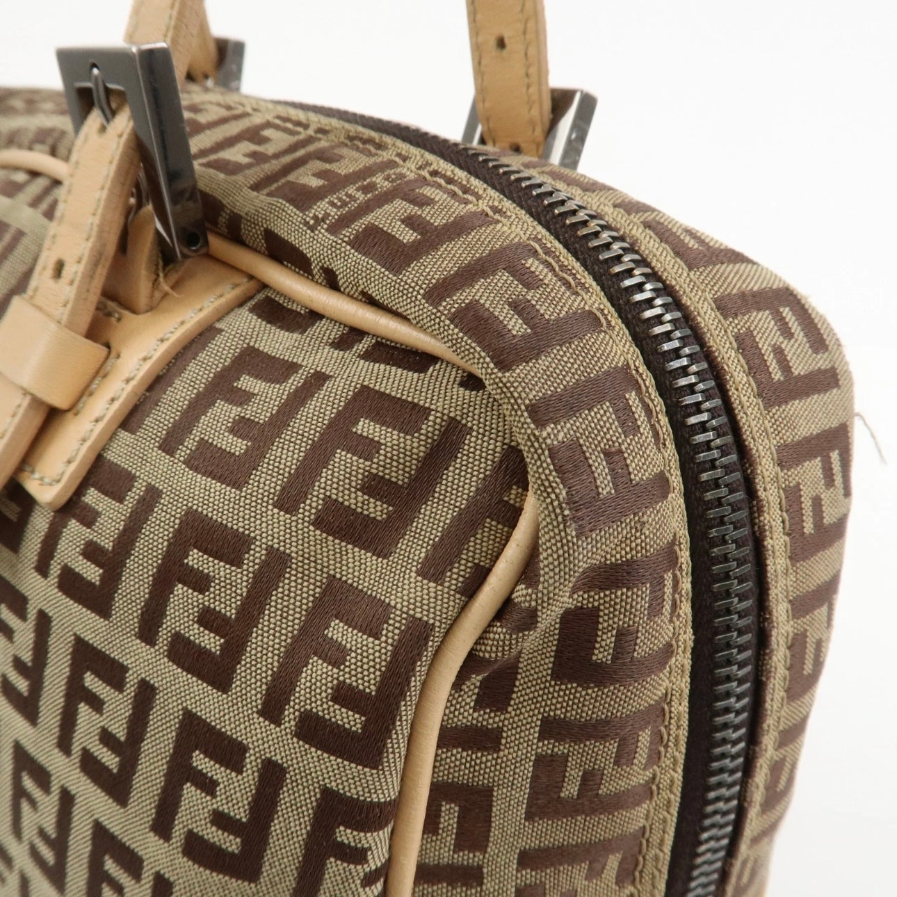 FENDI Zucchino Canvas Leather Shoulder Bag Beige