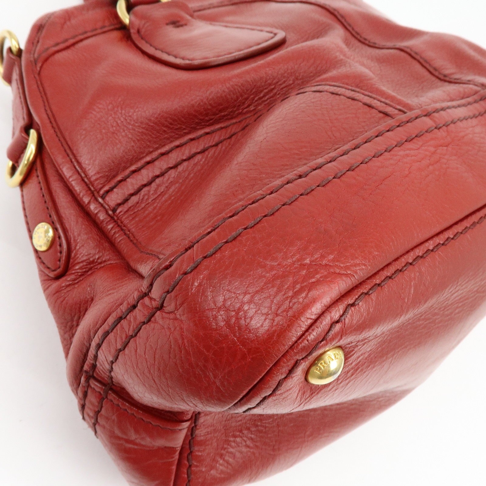 Prada Cervo Shine Leather Bowler Bag 2Way Tote Bag - Red, Leather