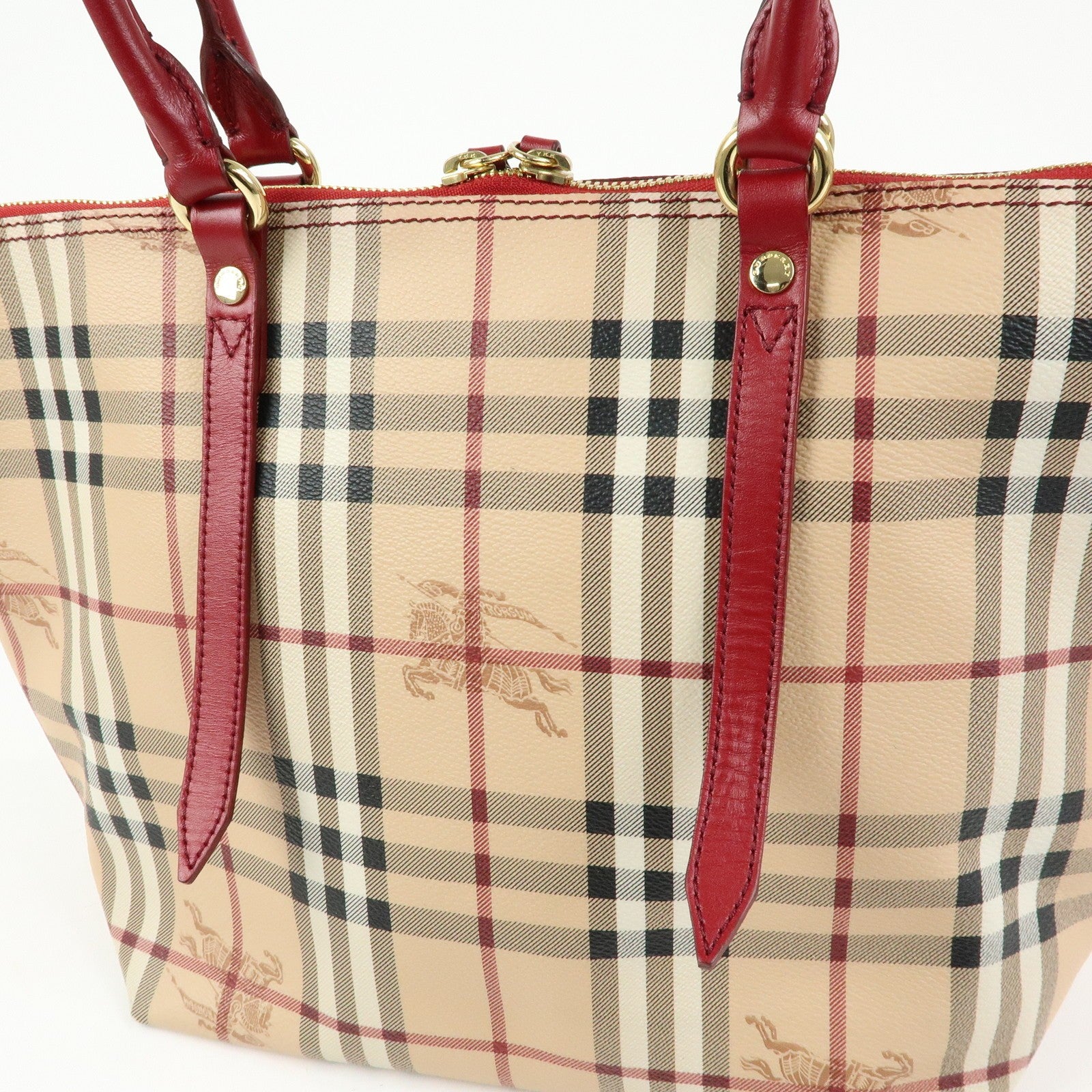 Burberry Nova Plaid Tote Bag - Beige, Red, PVC Leather