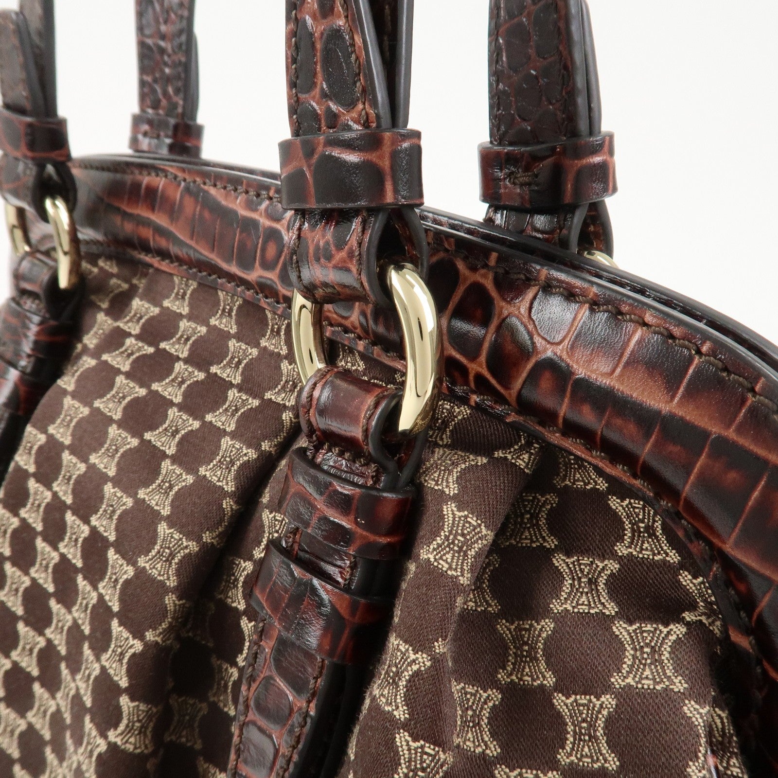 Celine Macadam Canvas Emboss Leather Shoulder Bag - Dark Brown, Canvas Leather