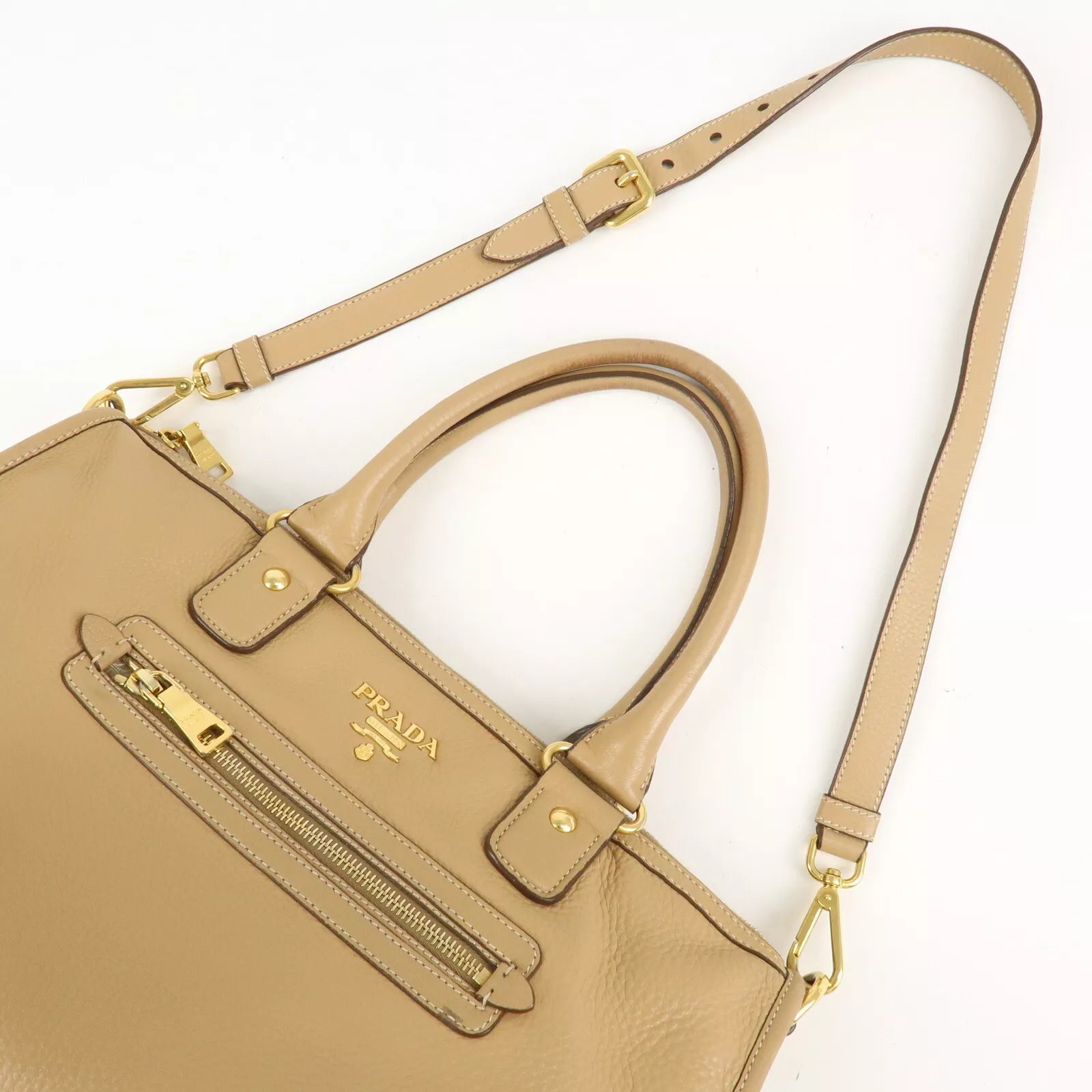 PRADA Logo Leather 2Way Bag - Beige, Leather