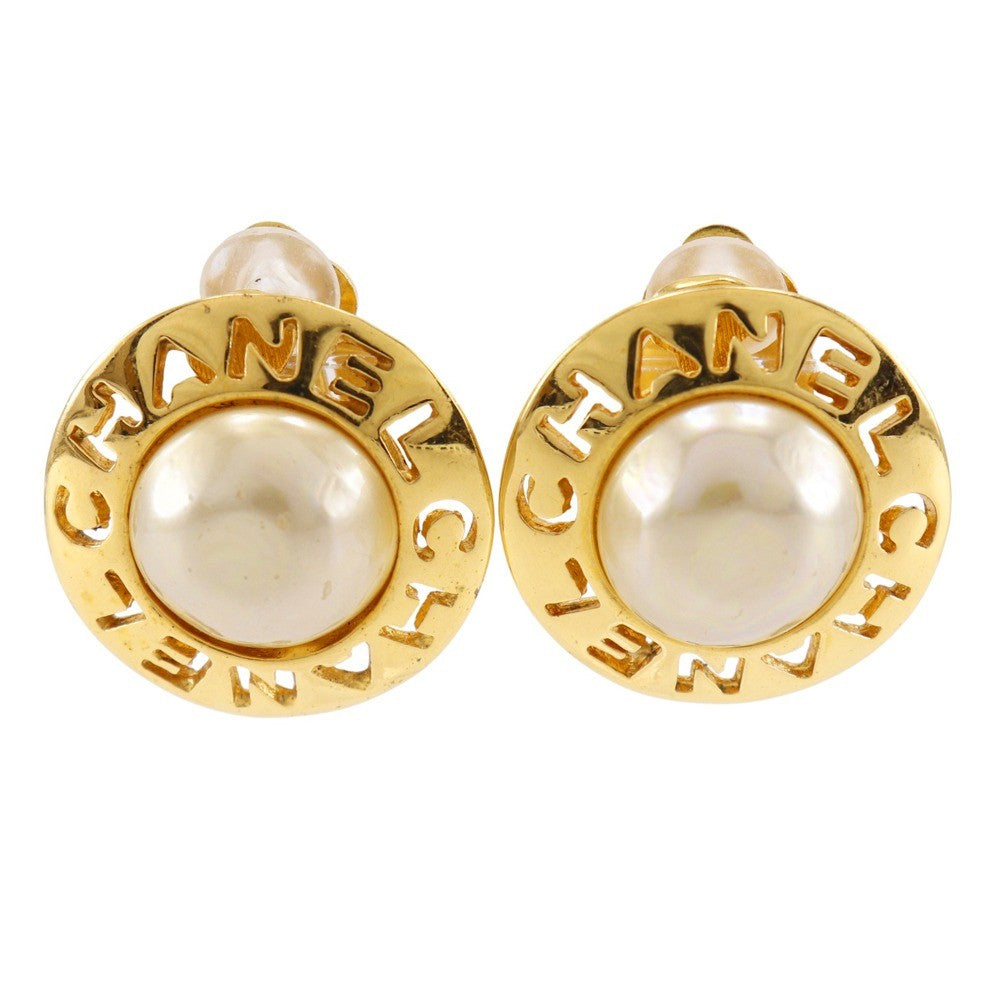 Chanel Round Logo Earring - Gold, Plated Gold/Fake Pearl