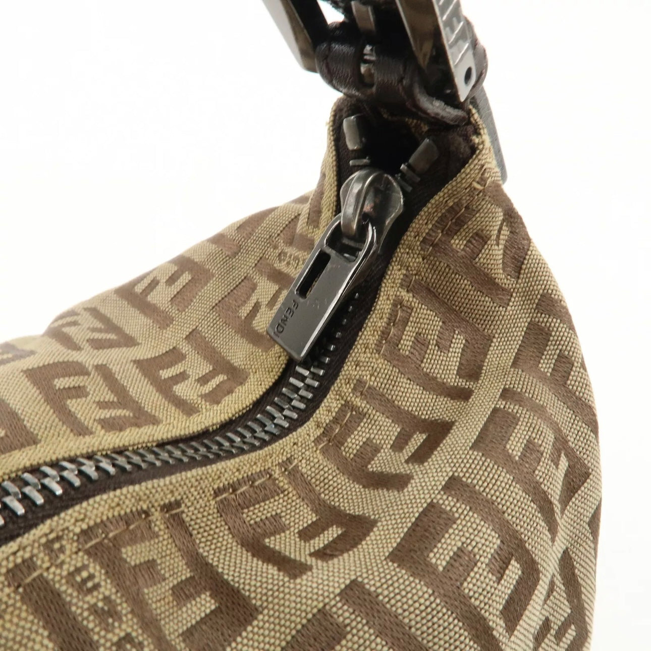 Fendi Zucchino Canvas Leather Hand Bag Beige Brown