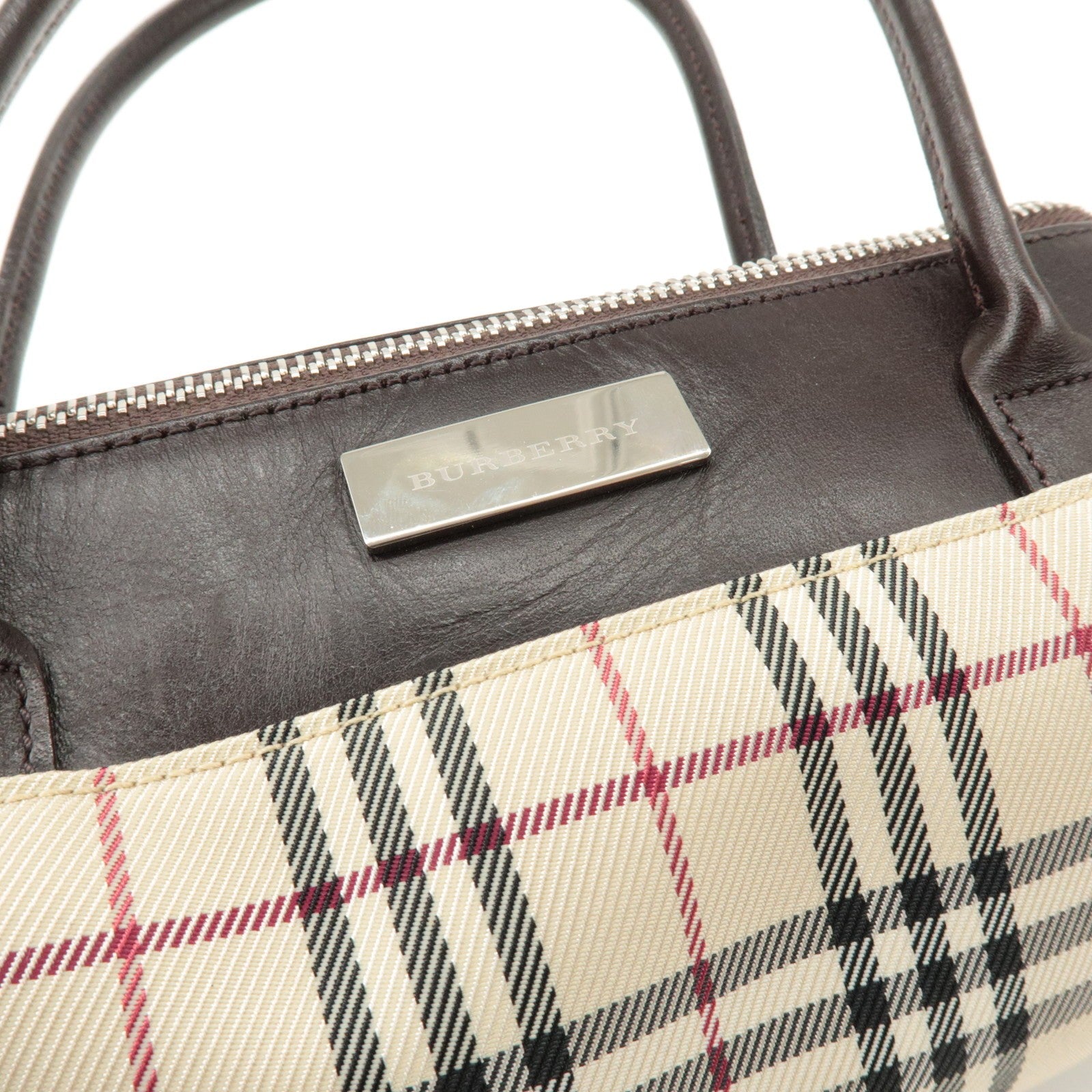 Burberry Nova Plaid Hand Bag - Beige Brown, Leather Canvas