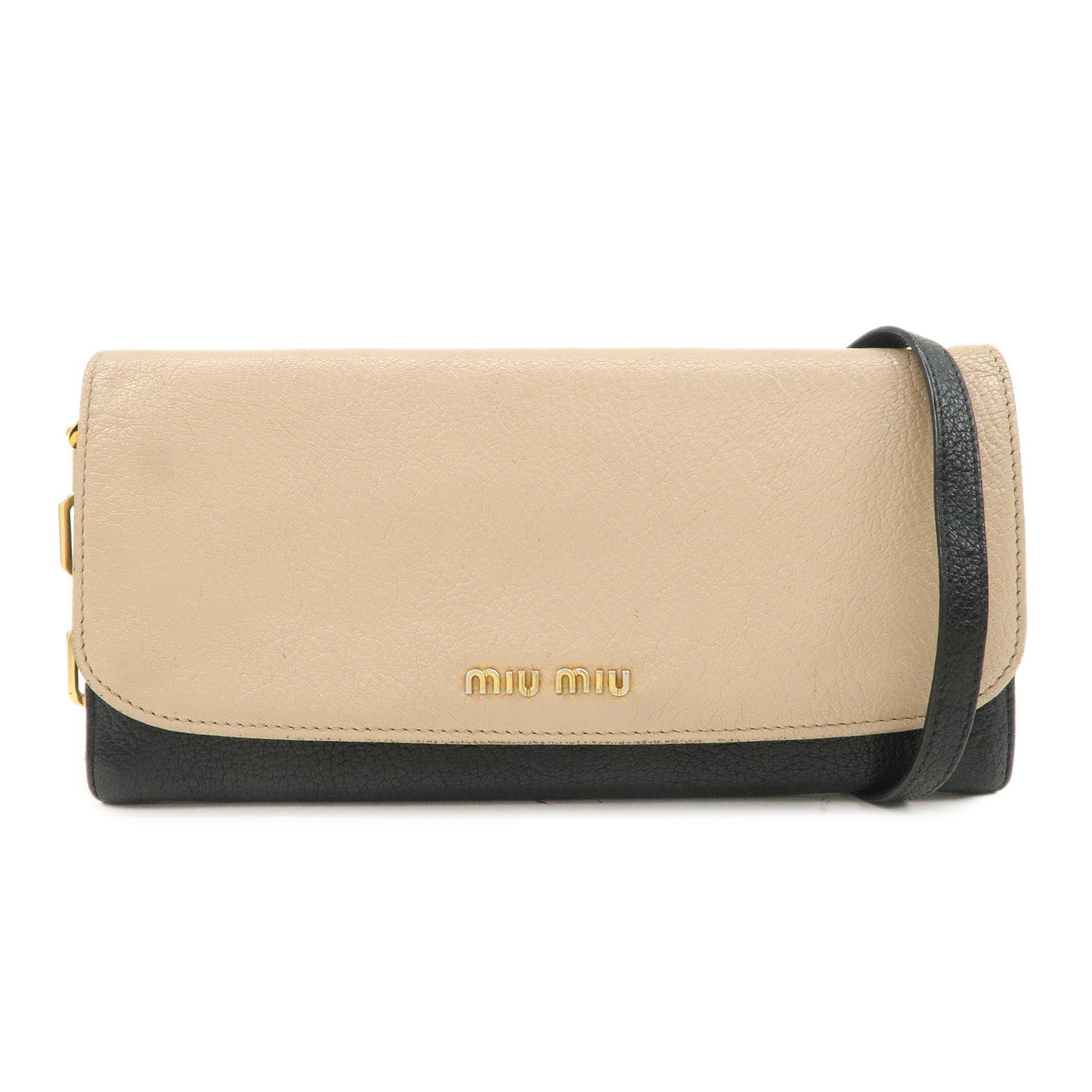 Miu Miu Madras Leather Chain Shoulder Wallet - Beige Black, Leather