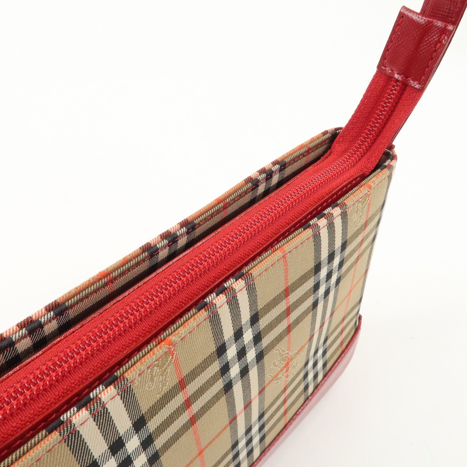 Burberry Nova Plaid Canvas Leather Shoulder Hand Bag - Red, Canvas