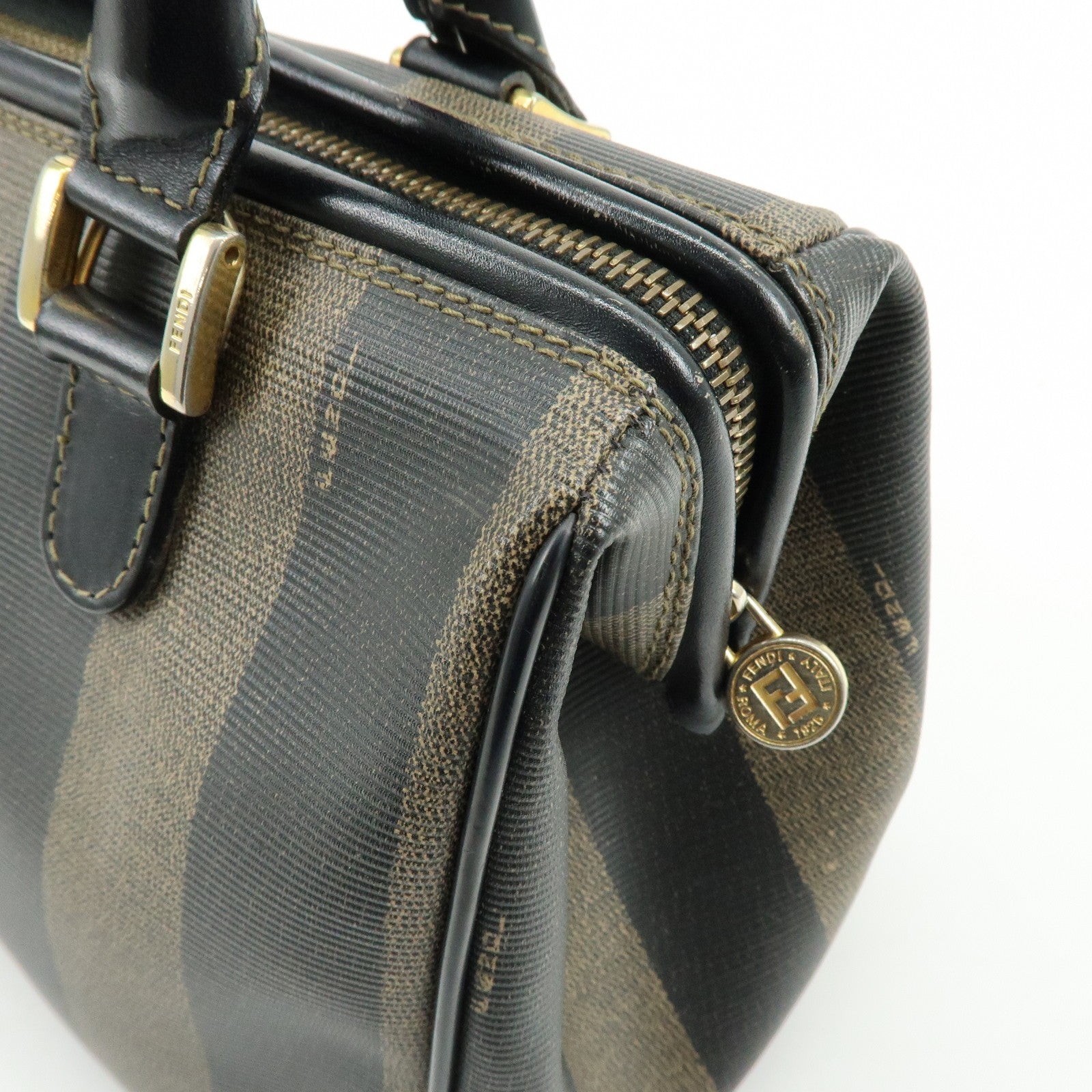 Fendi Pequin Boston Hand Bag - Black, Brown, PVC, Leather