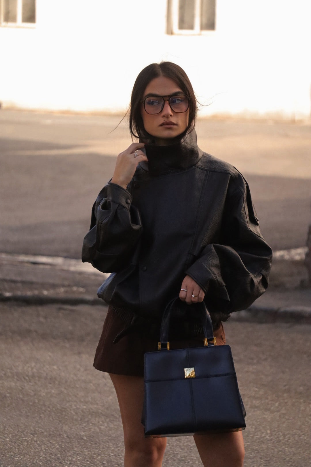 SAINT LAURENT YVES SHOULDER HAND TOTE BAG - NAVY, LEATHER