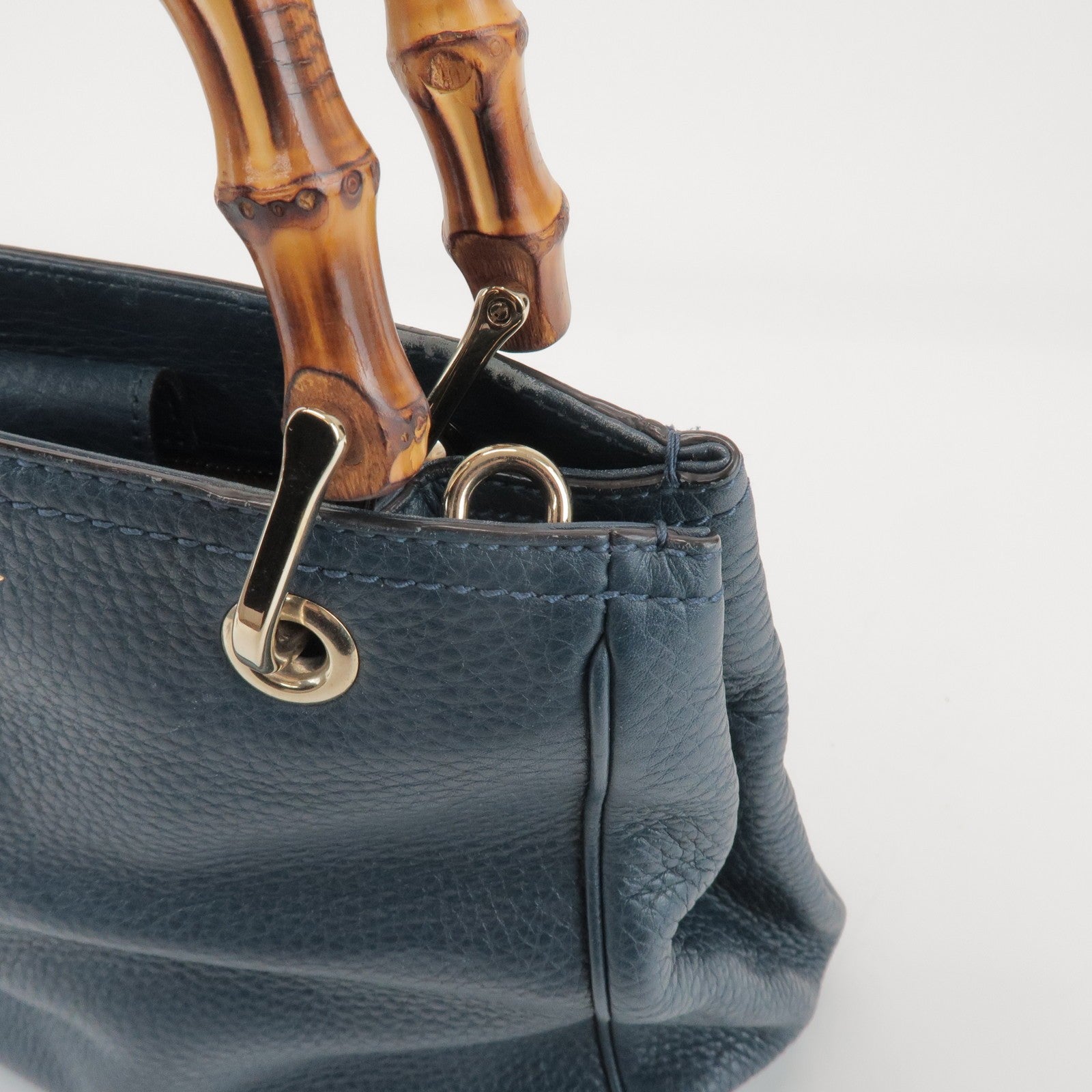 GUCCI Bamboo Calf Leather 2 Way Bag Tote Bag Navy