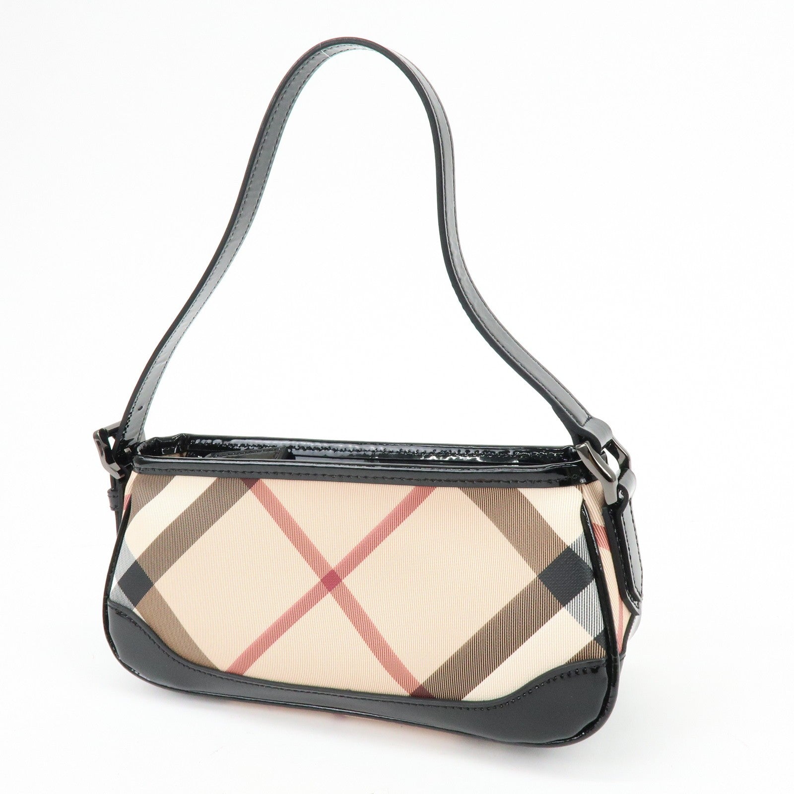 Burberry Nova Plaid Hand Bag - Beige, Black, PVC, Patent Leather