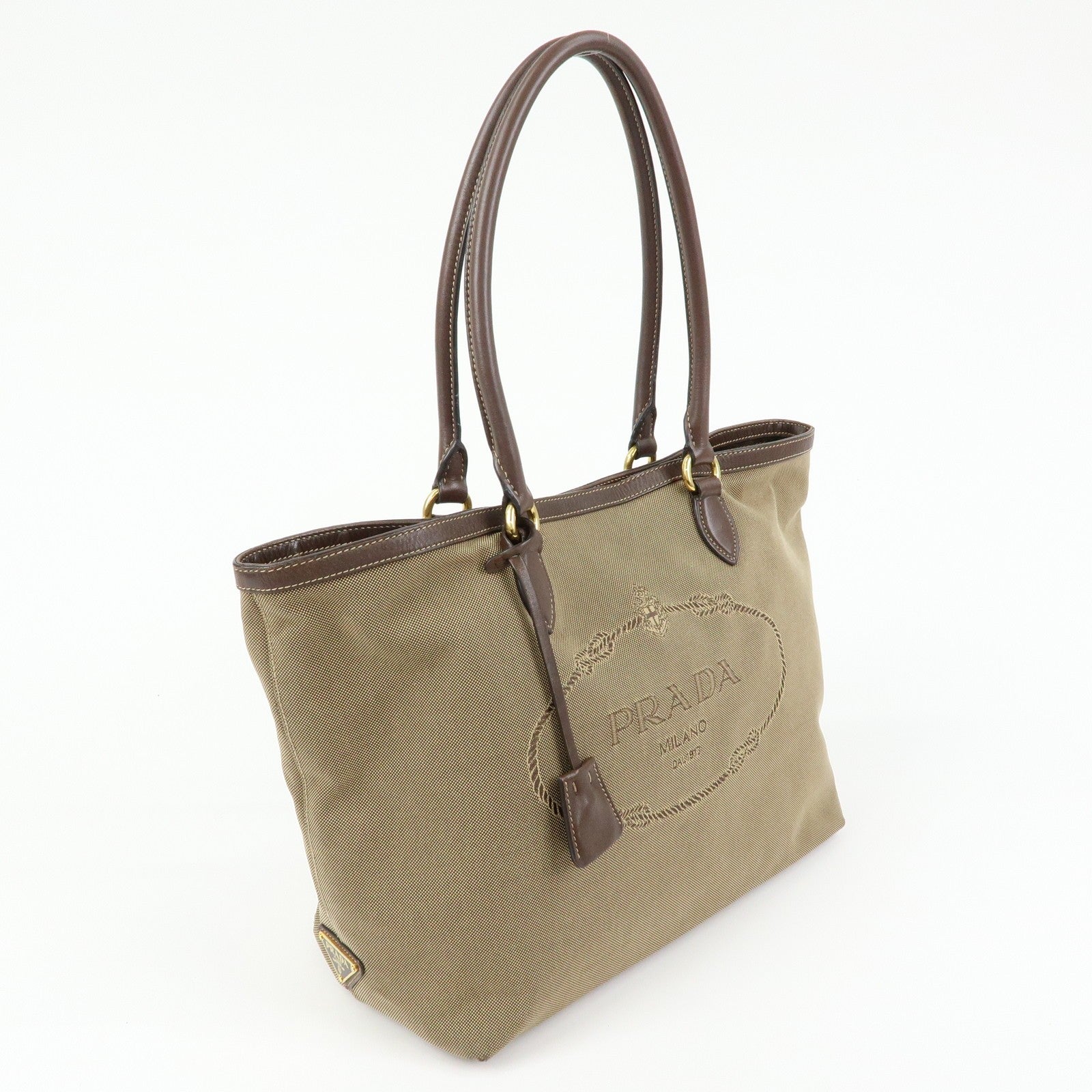 Prada Triangle Logo Jacquard Tote Shoulder Bag - Beige, Leather