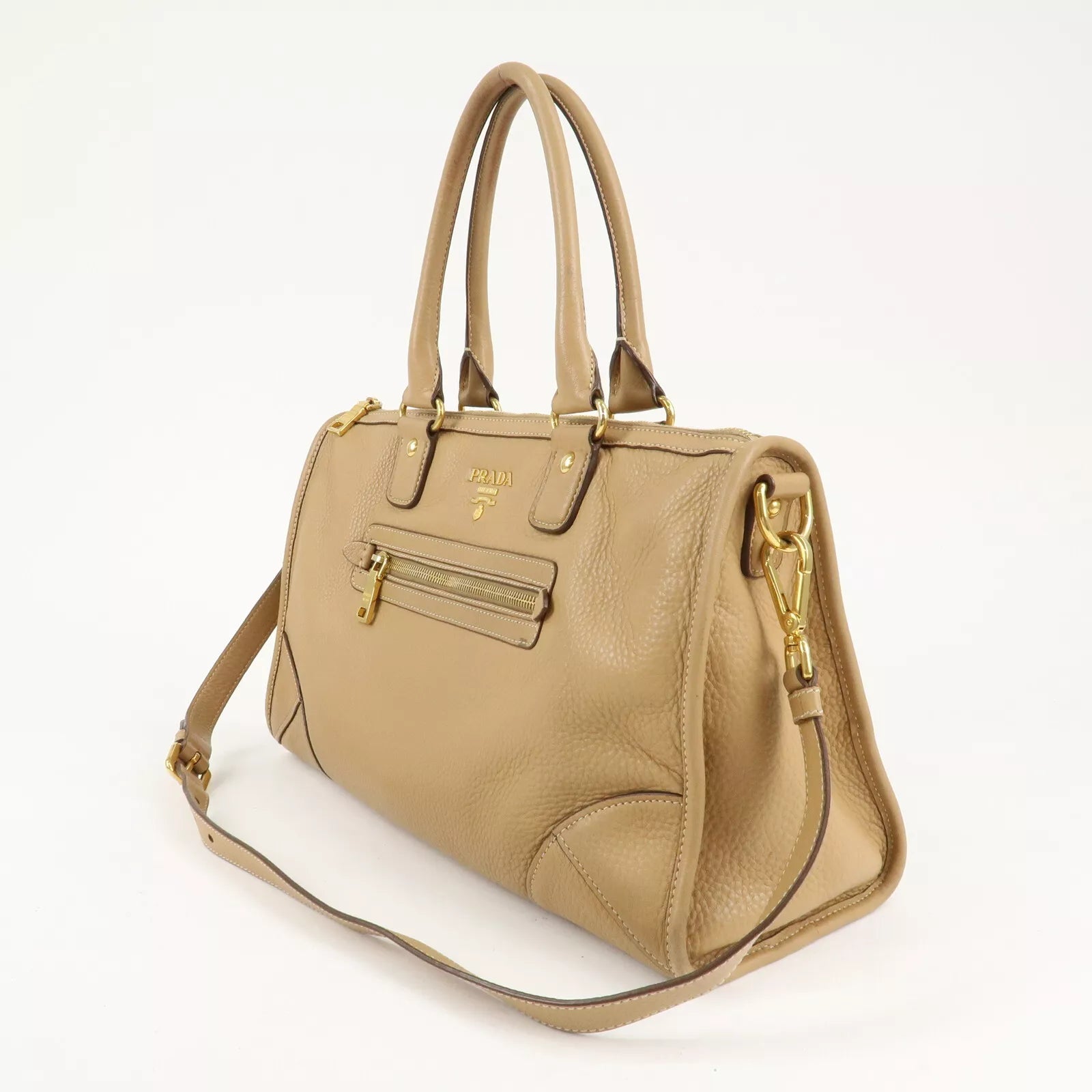 PRADA Logo Leather 2Way Bag - Beige, Leather